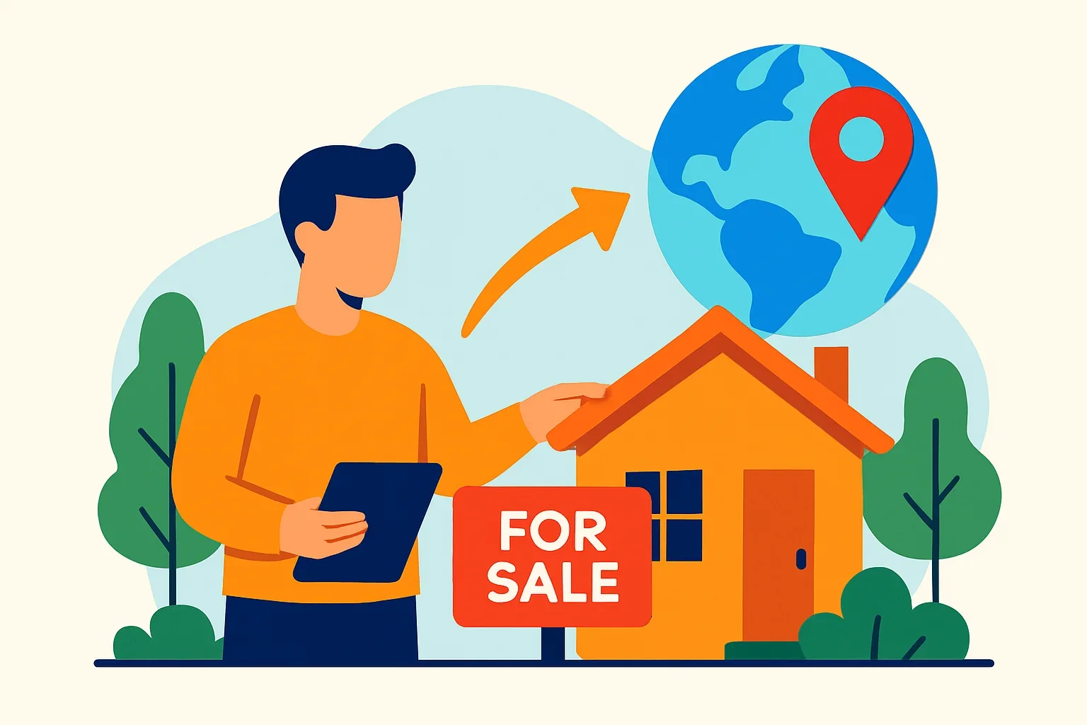 Flat illustration showing remote property transfer process with house, documents, and location pins
