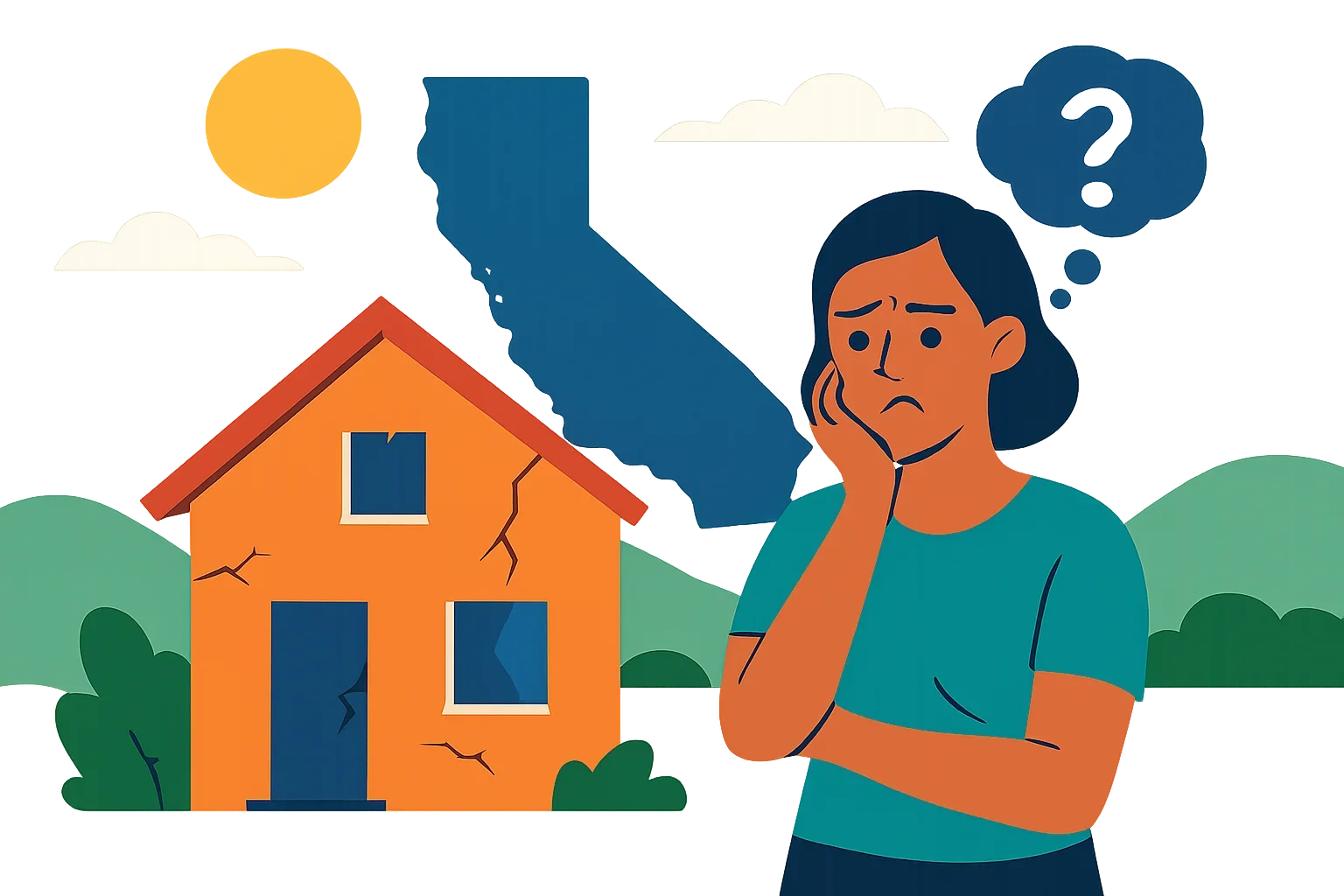 Illustration showing financial assistance options for California homeowners struggling with house repair costs