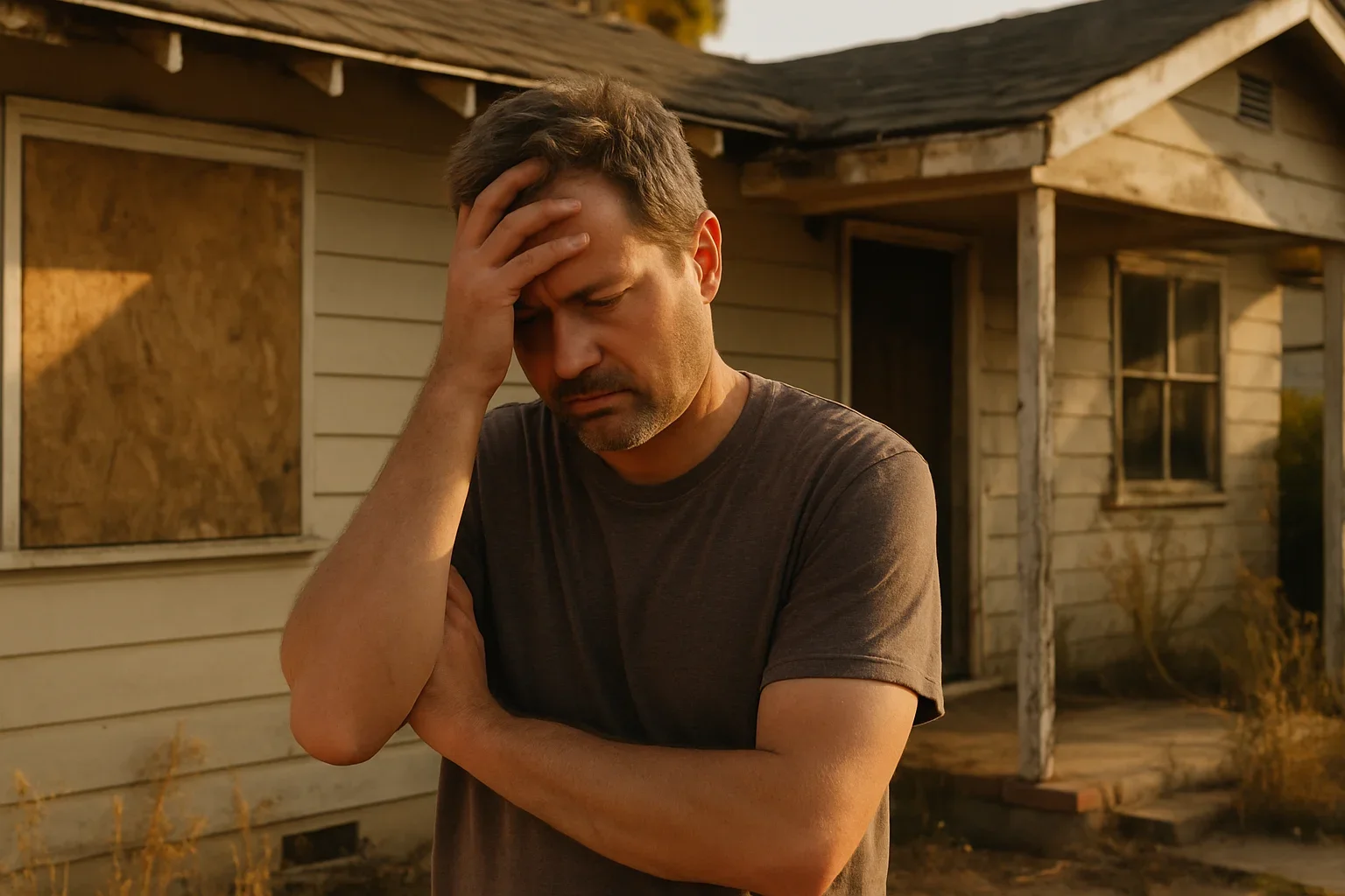 Cracked walls and damaged roof of a neglected California home in need of costly repairs