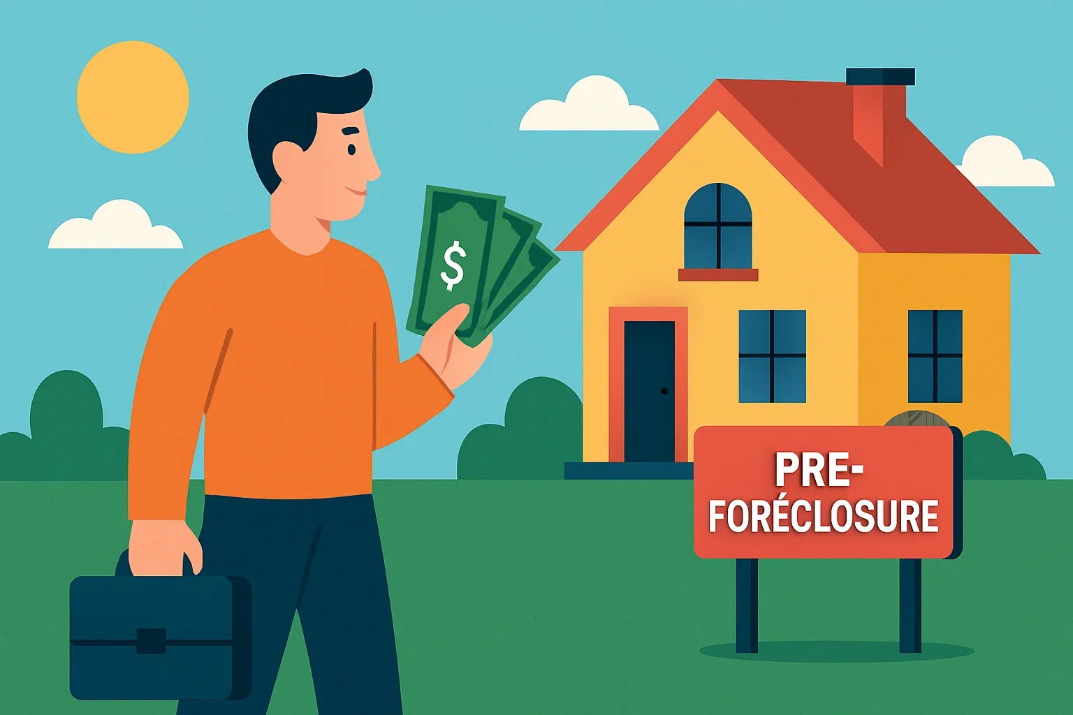 Flat design illustration showing a cash buyer pre-foreclosure homes fast sale process step by step
