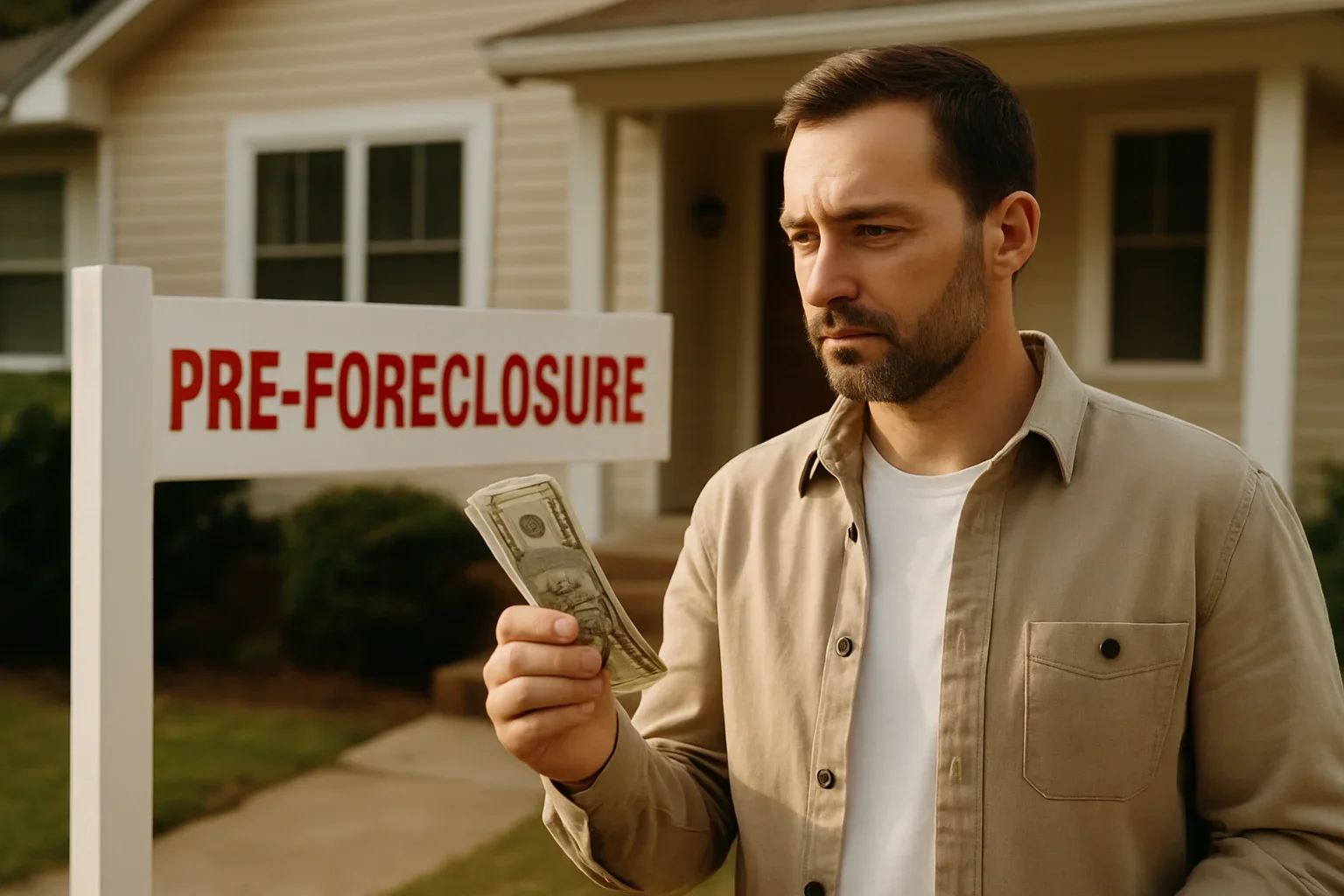 Cash buyer pre-foreclosure homes transaction with a couple signing paperwork to avoid bank foreclosure