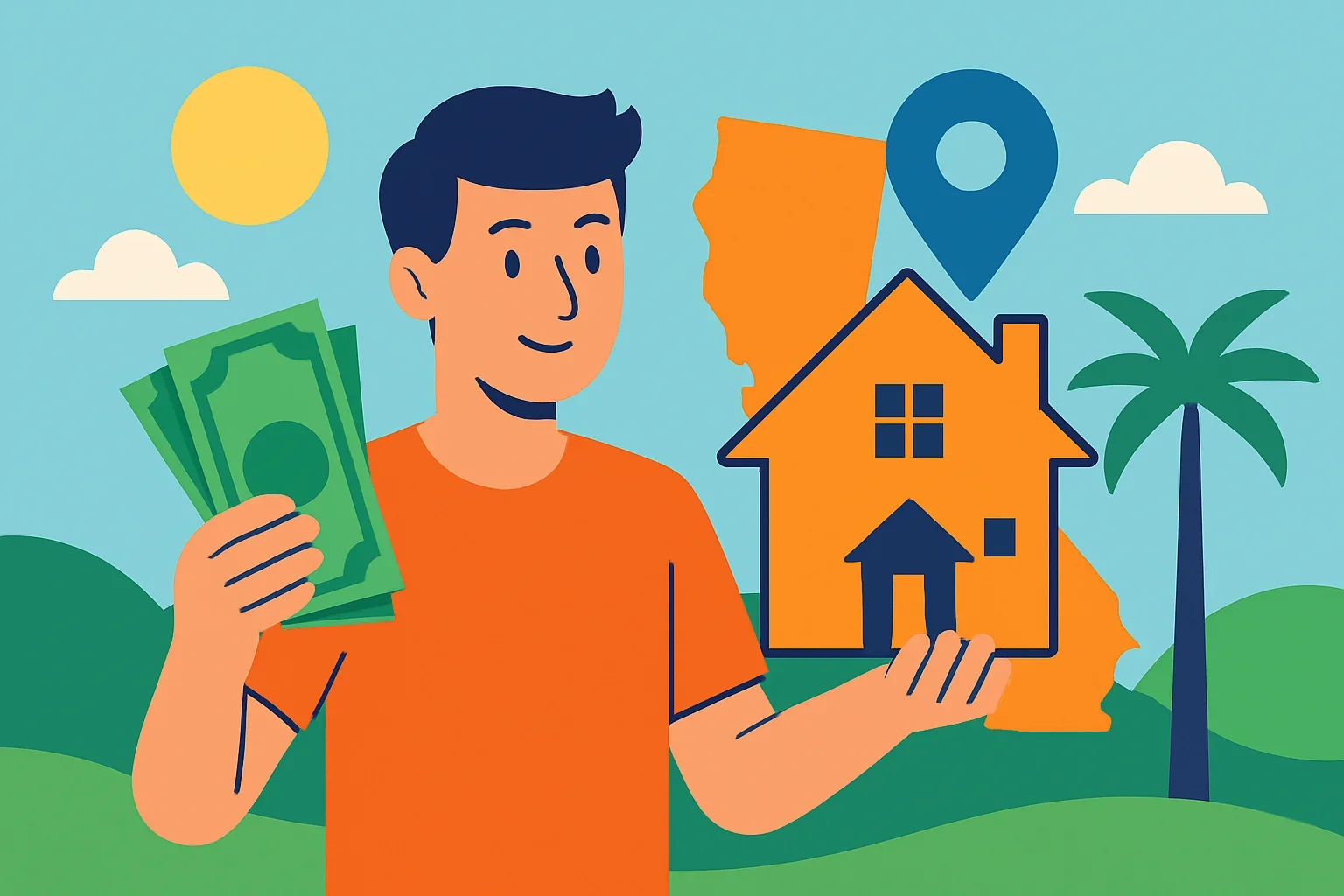 Flat design illustration showing a fast home sale process with cash offer and relocation timeline icons