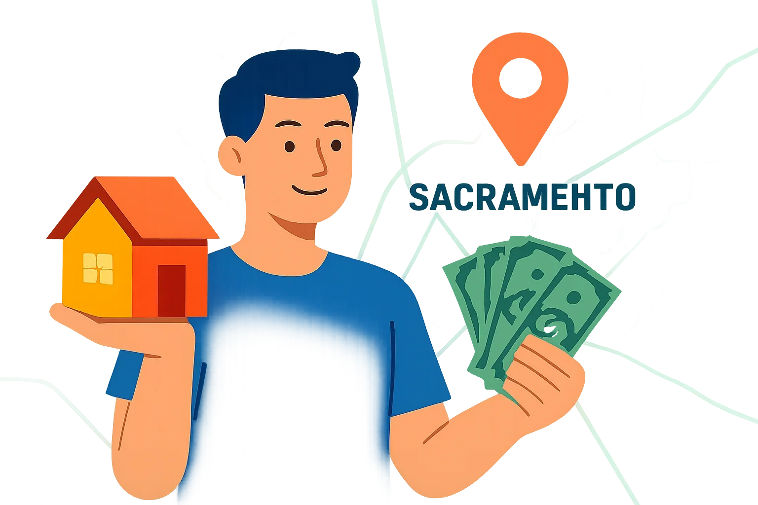 Flat design illustration showing steps to find and vet local cash home buyers in your area