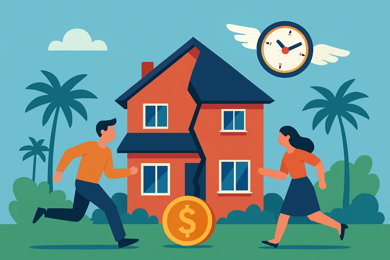 Illustration showing a streamlined property transfer process helping couples achieve a fast home sale after separation california