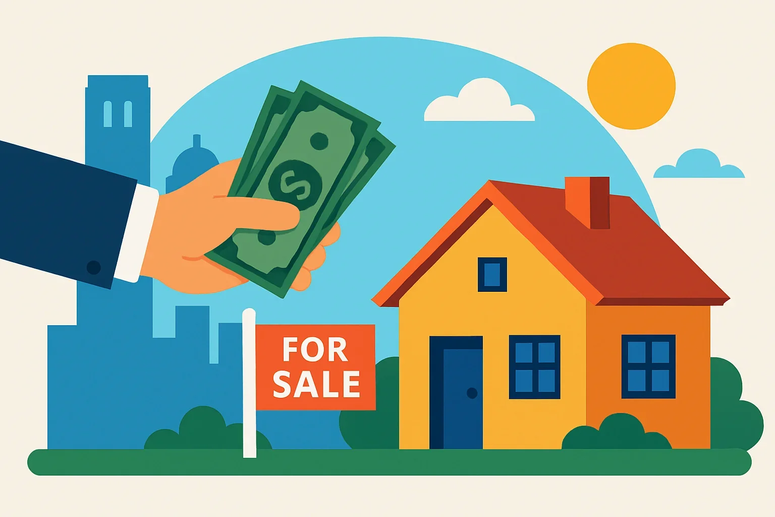 Flat-design illustration showing how much cash home buyers pay compared to traditional sale prices