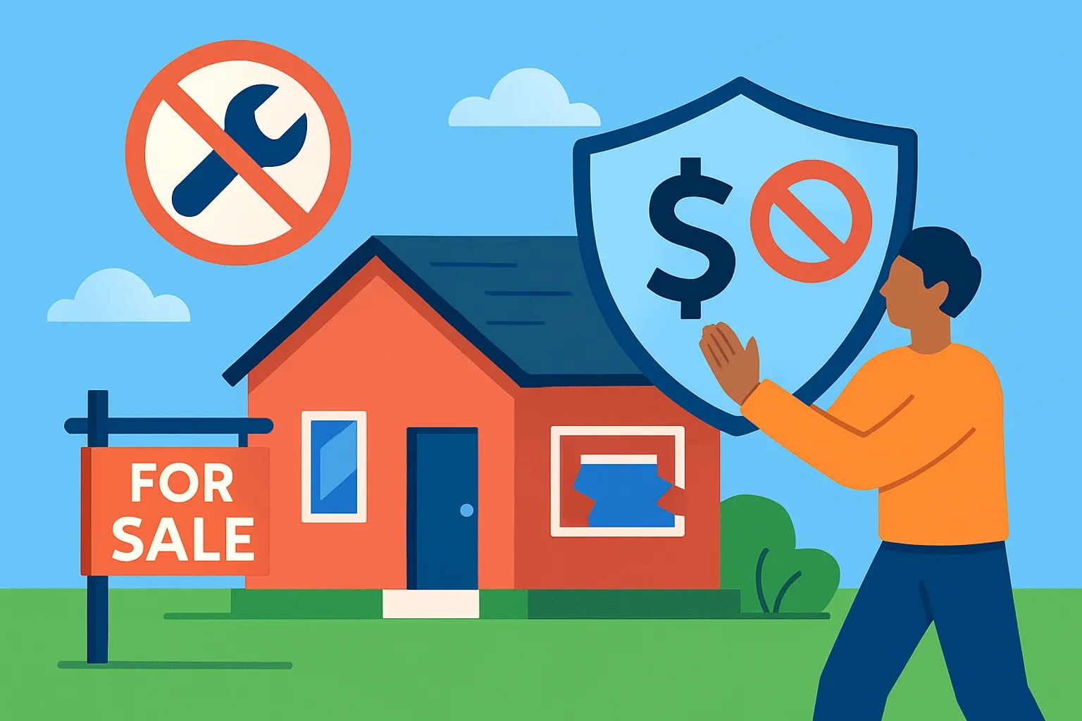 Flat design illustration showing checklist of home selling tips without renovation expenses
