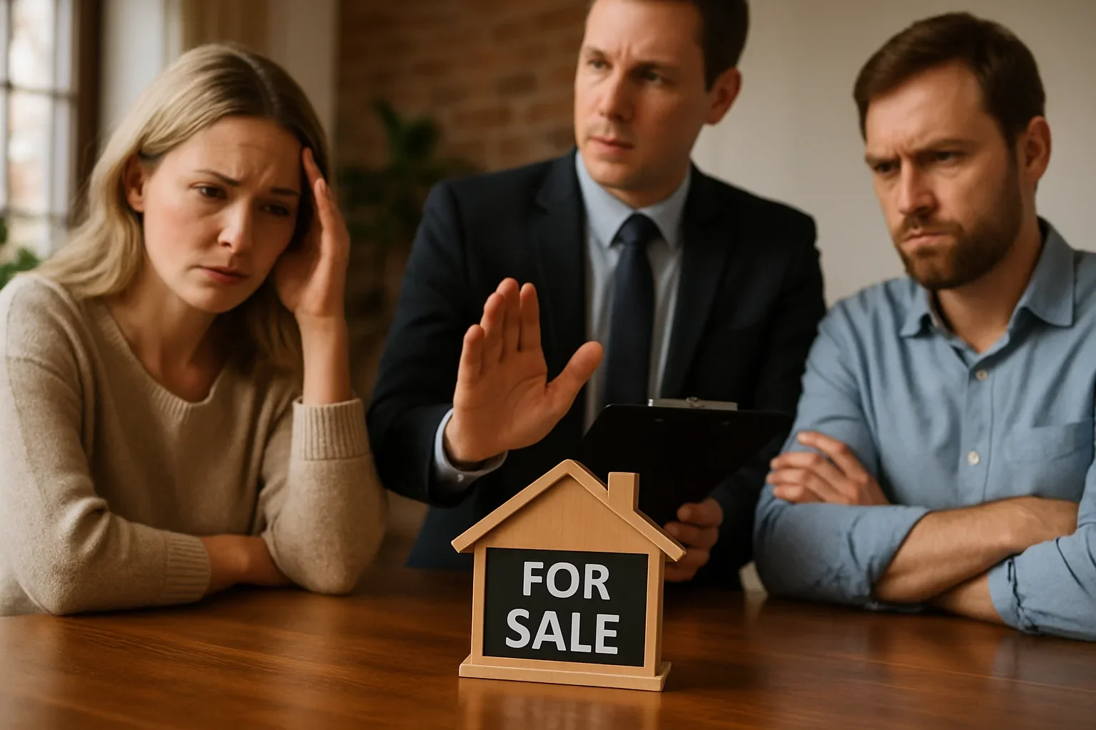 Divorced spouses shaking hands with a cash home buyer outside their shared property