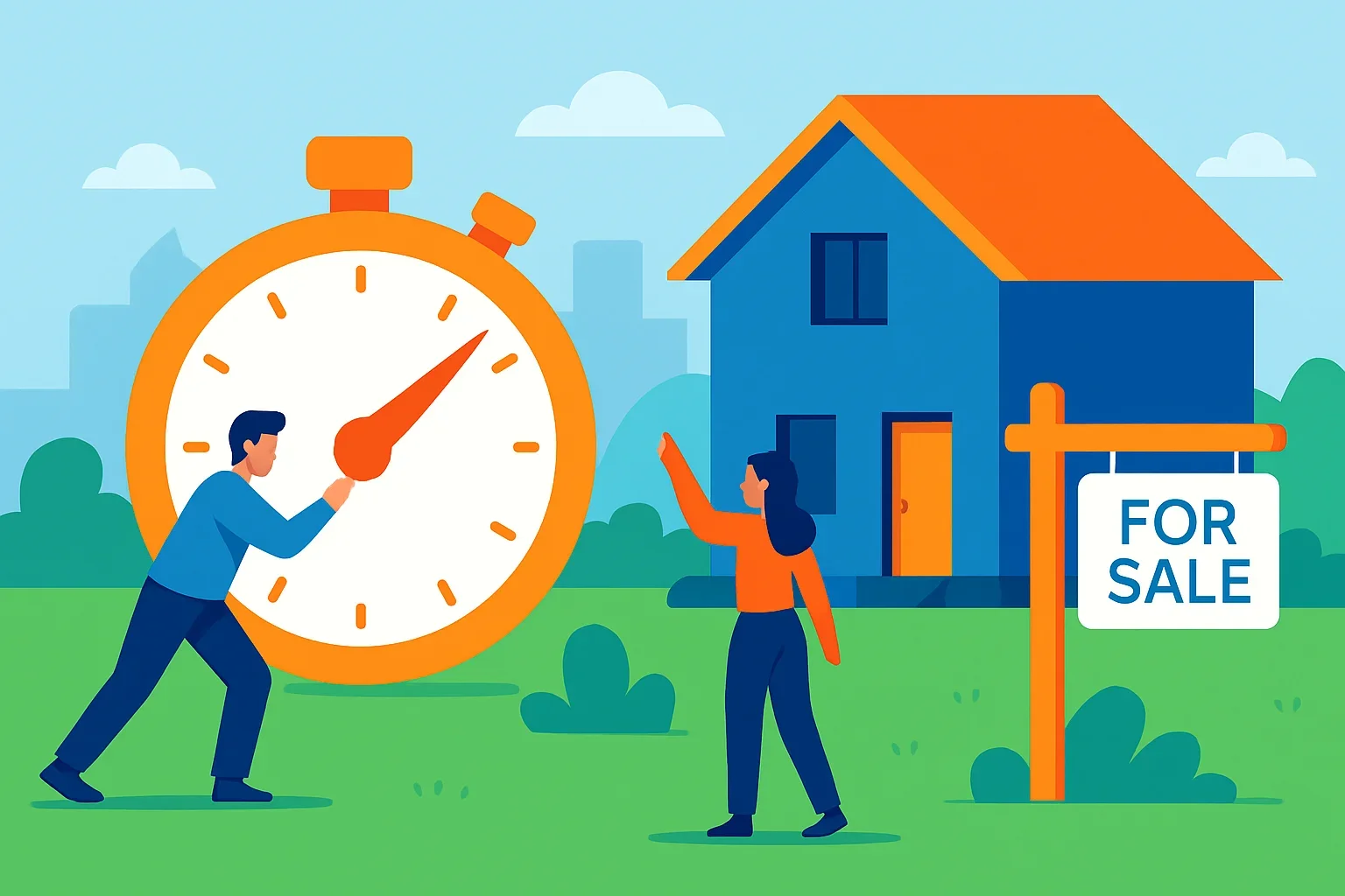 Flat-design illustration showing key steps for how to sell a house fast in a slow market with timeline icons