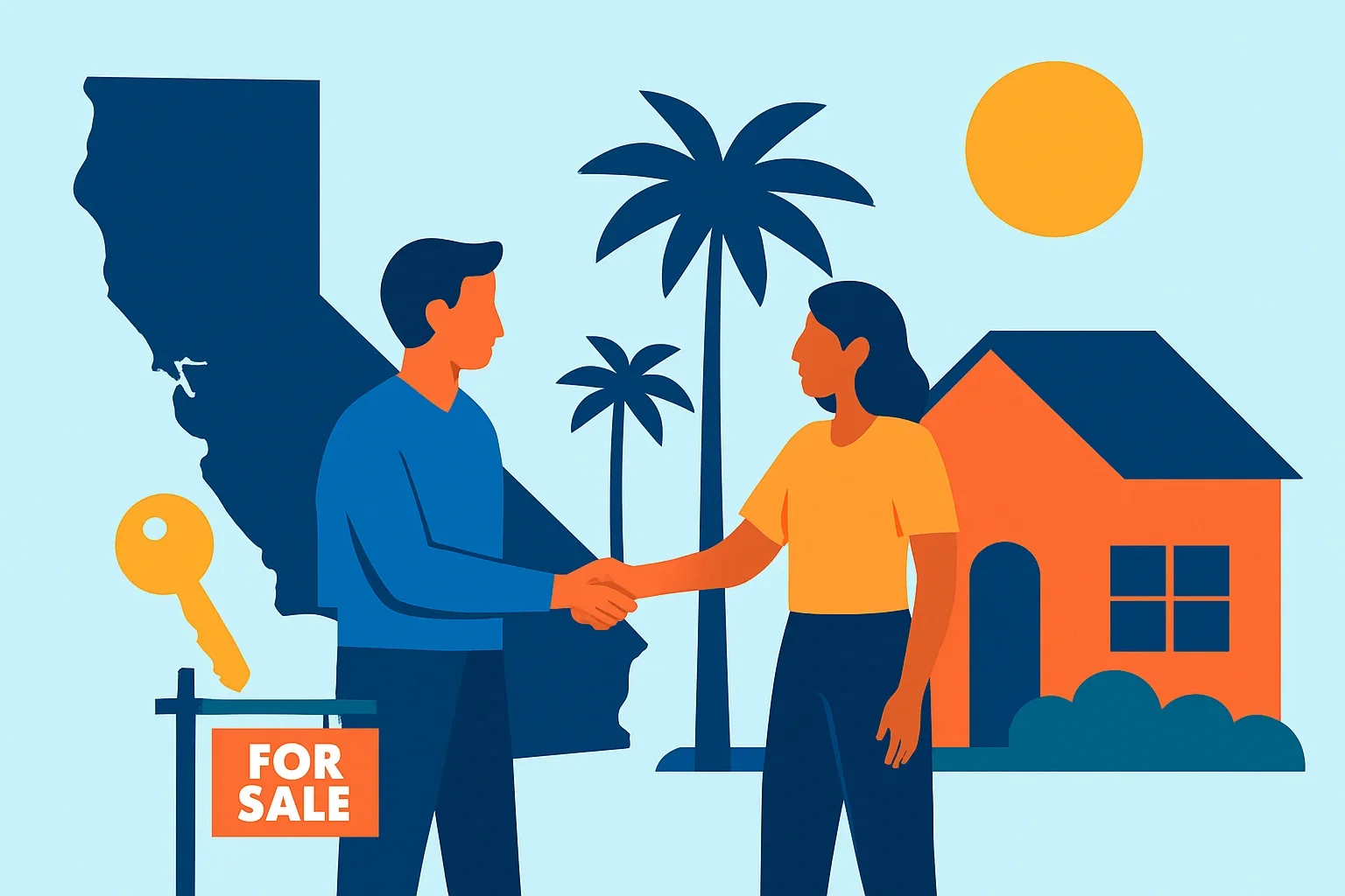 Step-by-step illustration showing the process of how to sell a house in california from listing to closing