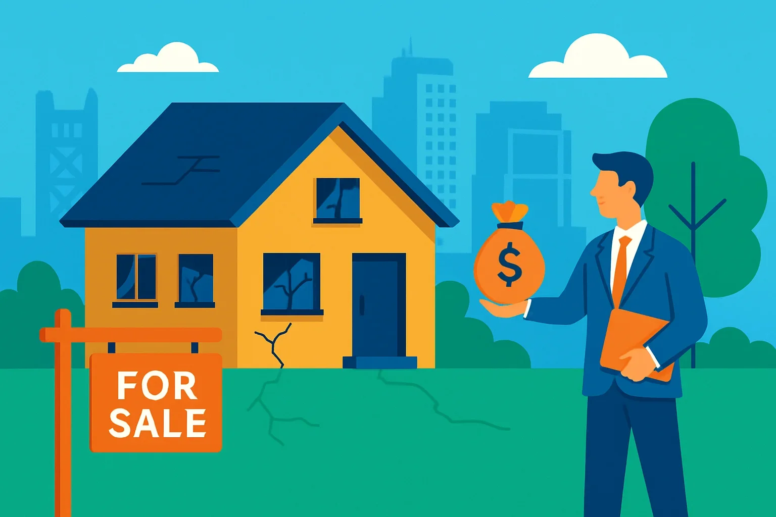 Flat design illustration showing steps to sell house that needs repairs sacramento quickly for cash