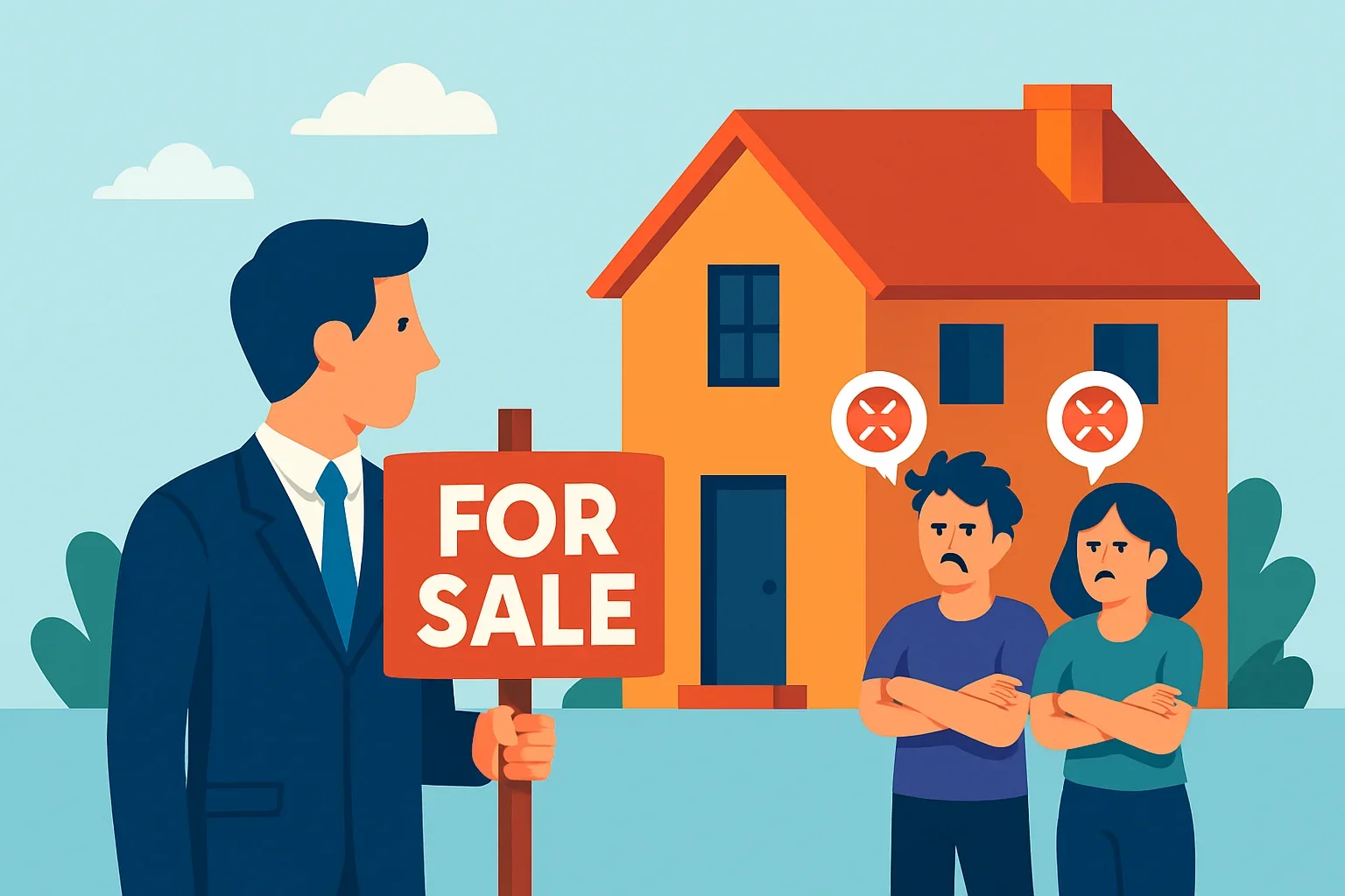Flat illustration showing landlord and cash home buyer shaking hands to sell house with bad tenants