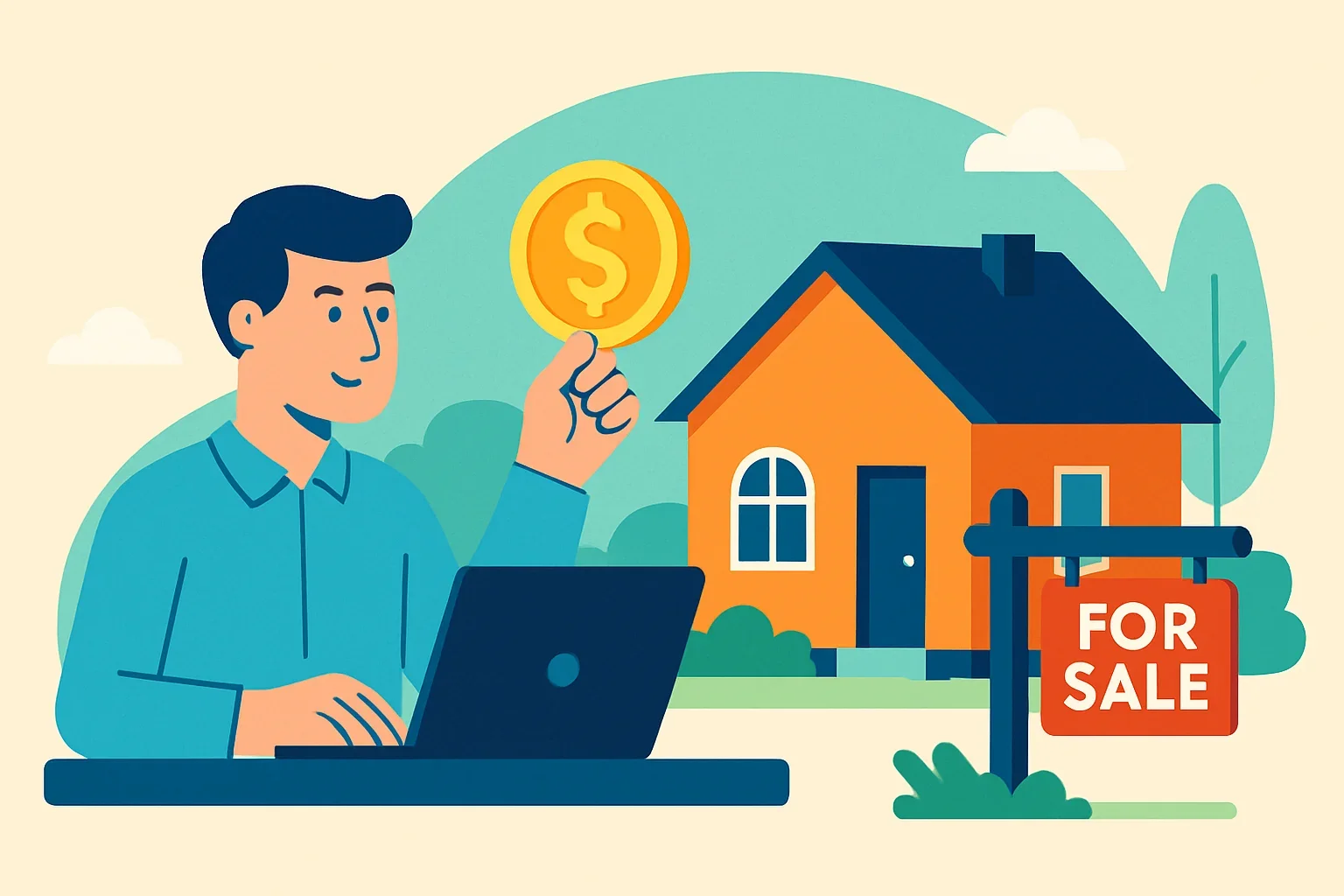 Step-by-step flat-design illustration showing the process of listing and selling a house without an agent