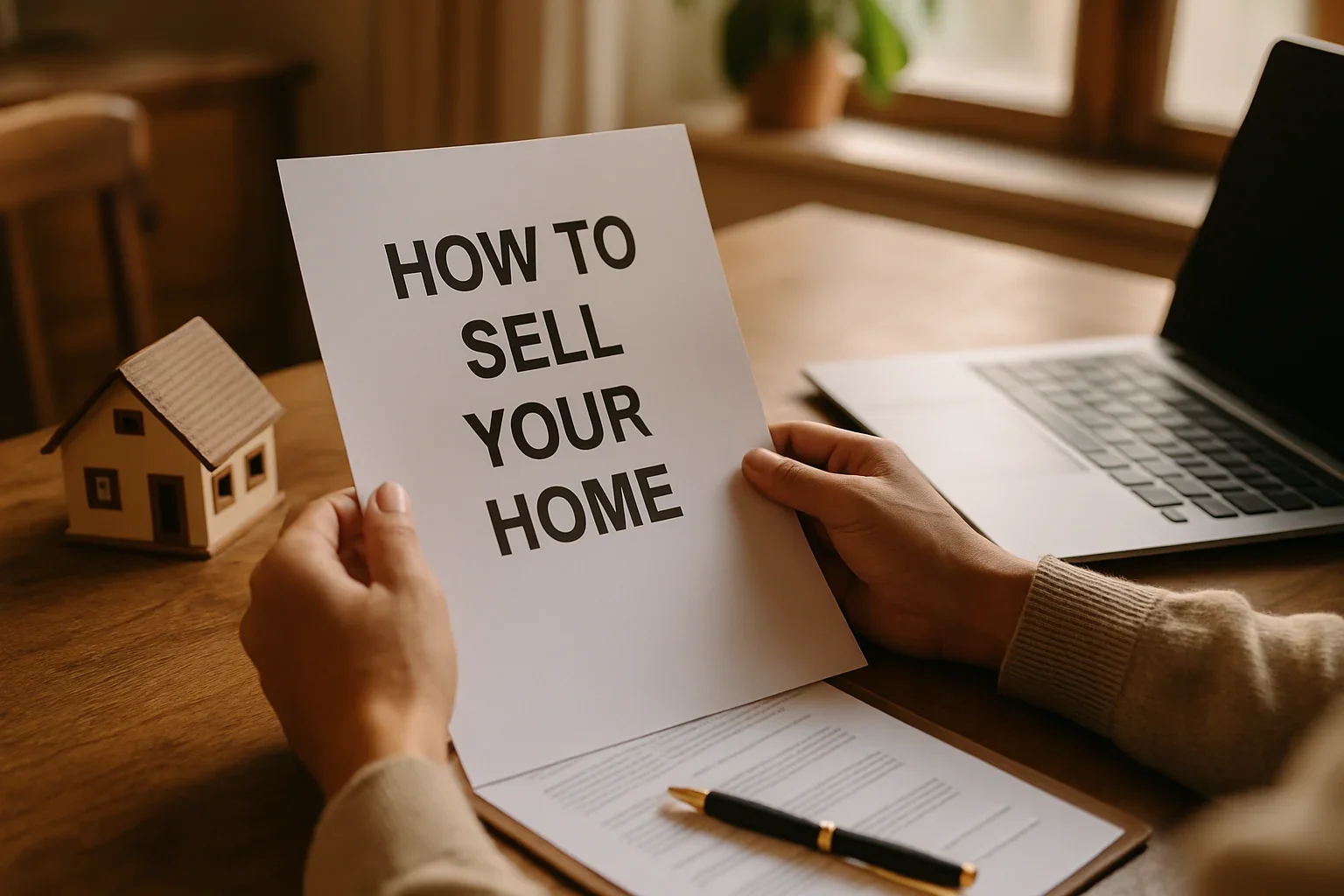 Smiling couple reviewing real estate paperwork at a kitchen table during a private home sale in California