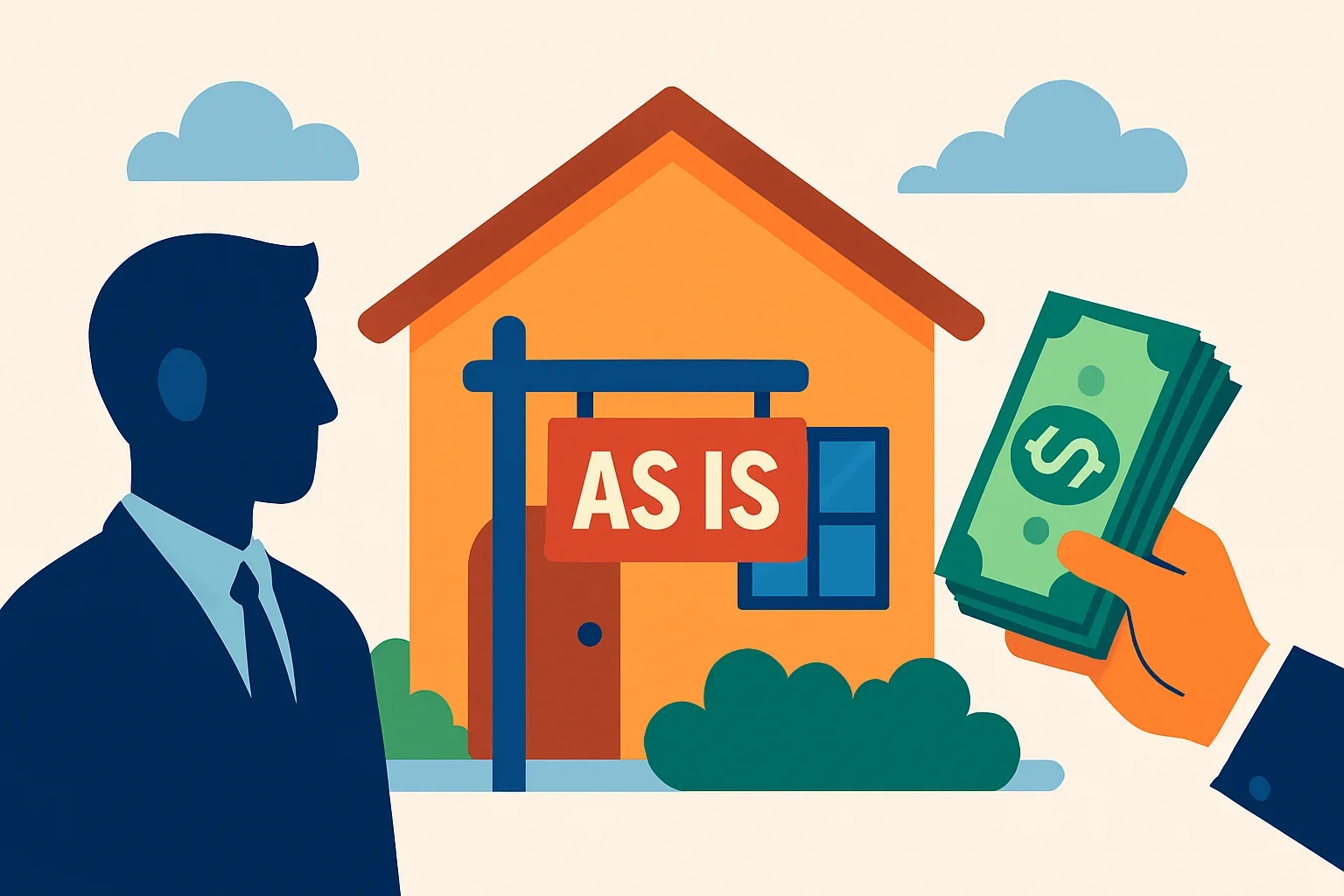 Flat-design illustration showing how to sell your house as is with a pricing checklist and home icon