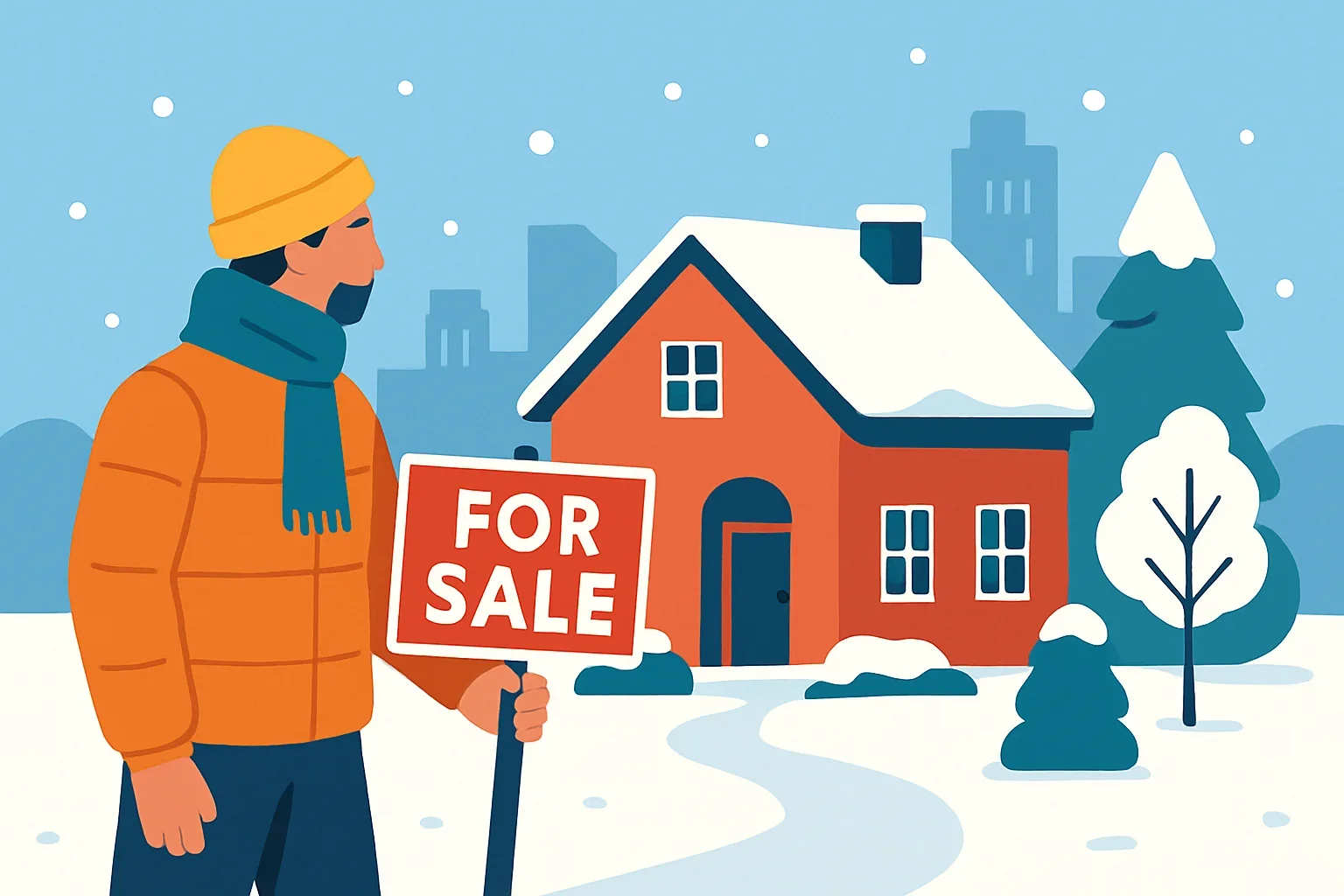 Flat-design illustration of a house with a price tag and calendar highlighting a quick winter home sale timeline