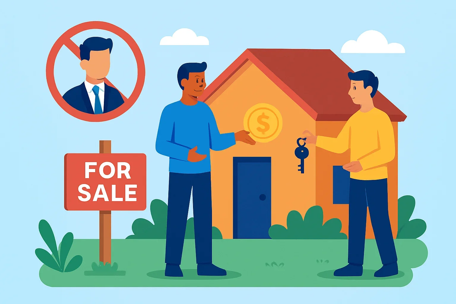 Flat-design illustration showing a checklist of steps to sell a home independently and keep more equity