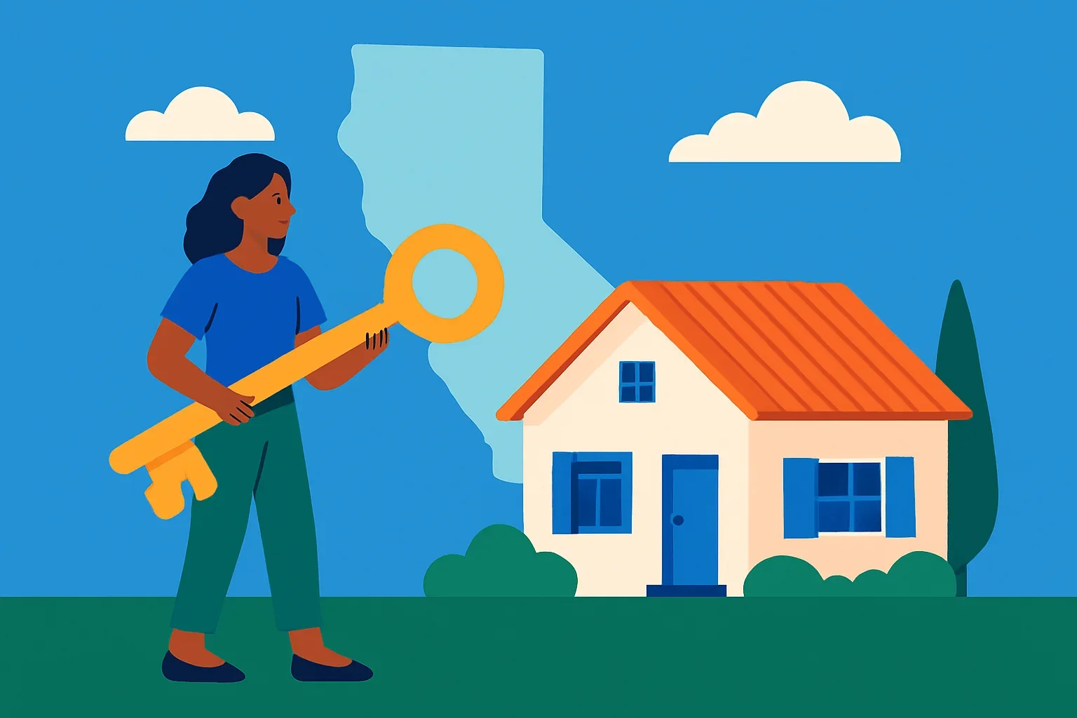 Flat design illustration showing a house transfer process with arrows between family members and a property icon