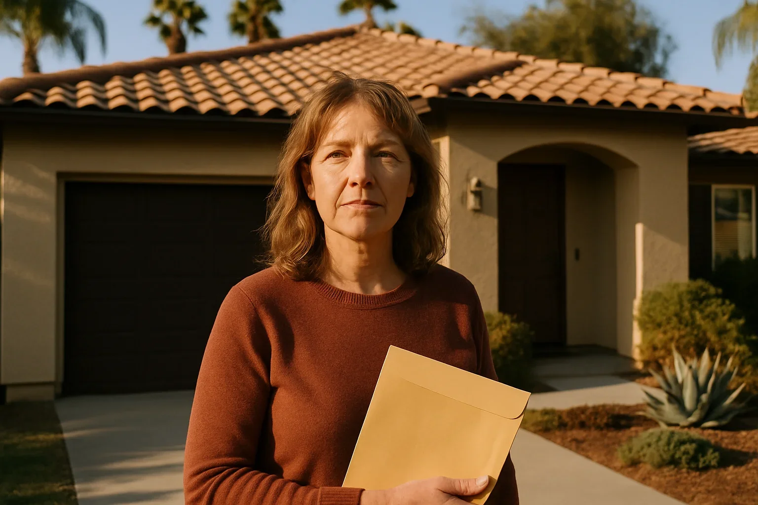 Family members reviewing legal documents and property deed after inheriting a house in California