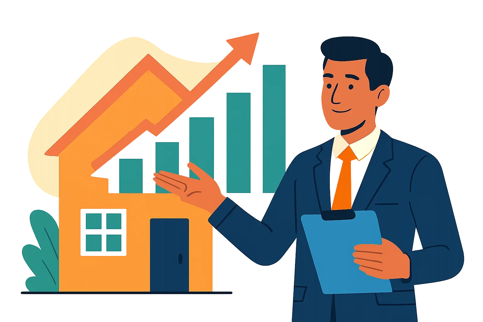 Flat design illustration of a house with upward growth arrows representing strategic home value improvement steps