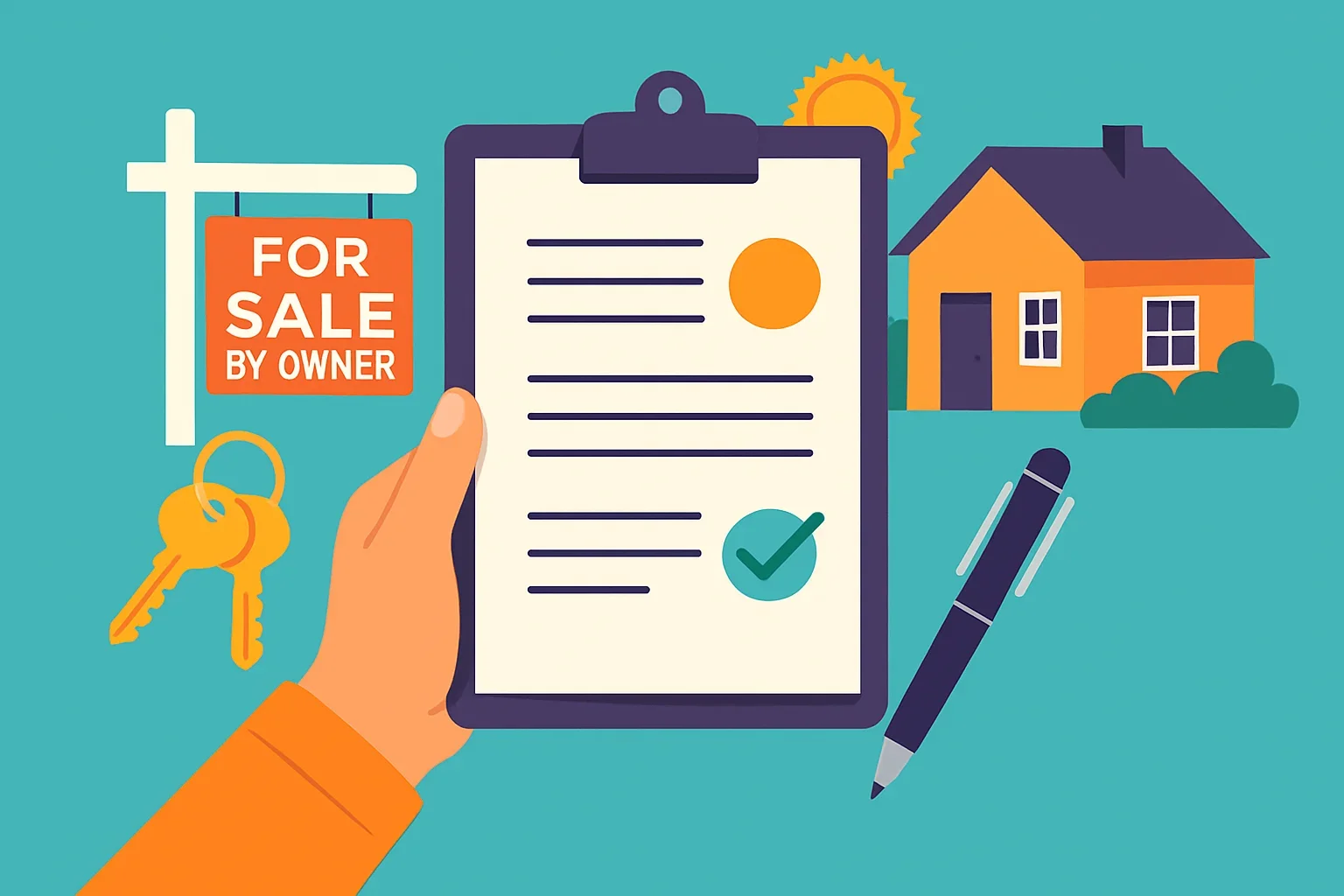 Flat-design illustration of a for-sale-by-owner home with document checklist and pen icon