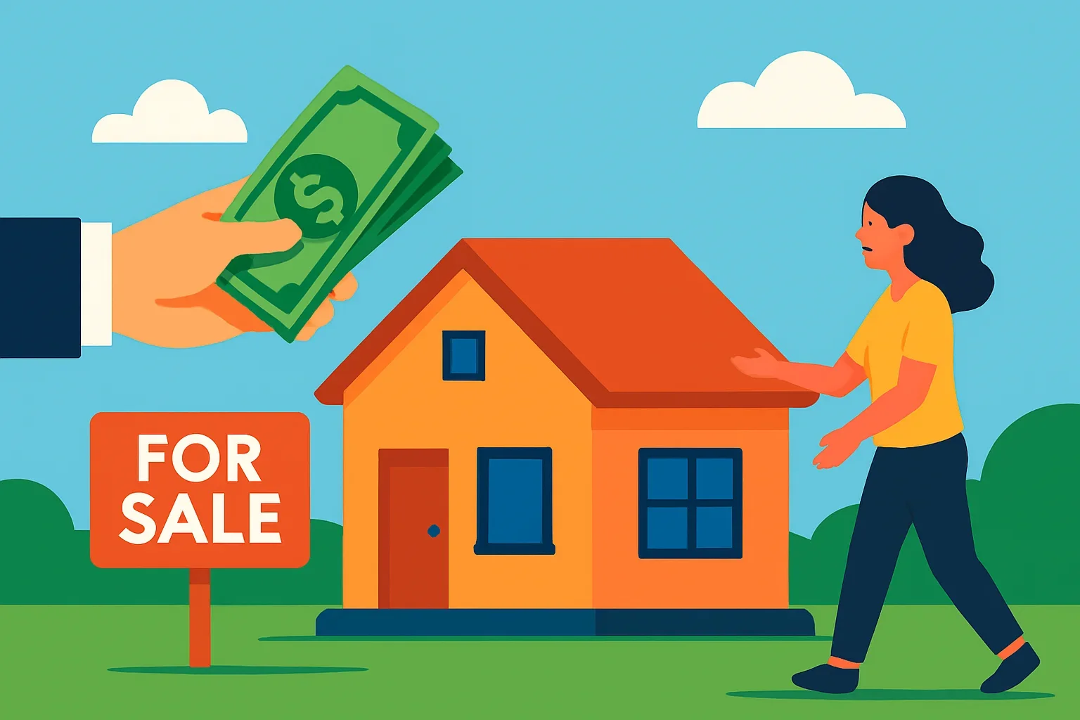 Flat-design illustration of a house with dollar signs representing a quick cash offer process