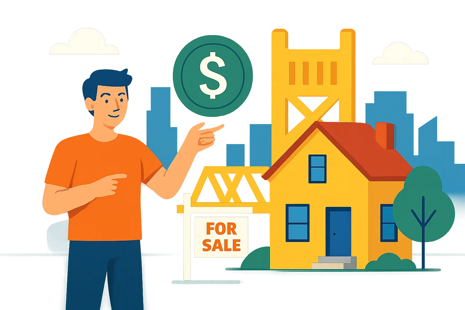 Flat-design illustration showing a simple step-by-step process to sell your Sacramento house quickly for cash