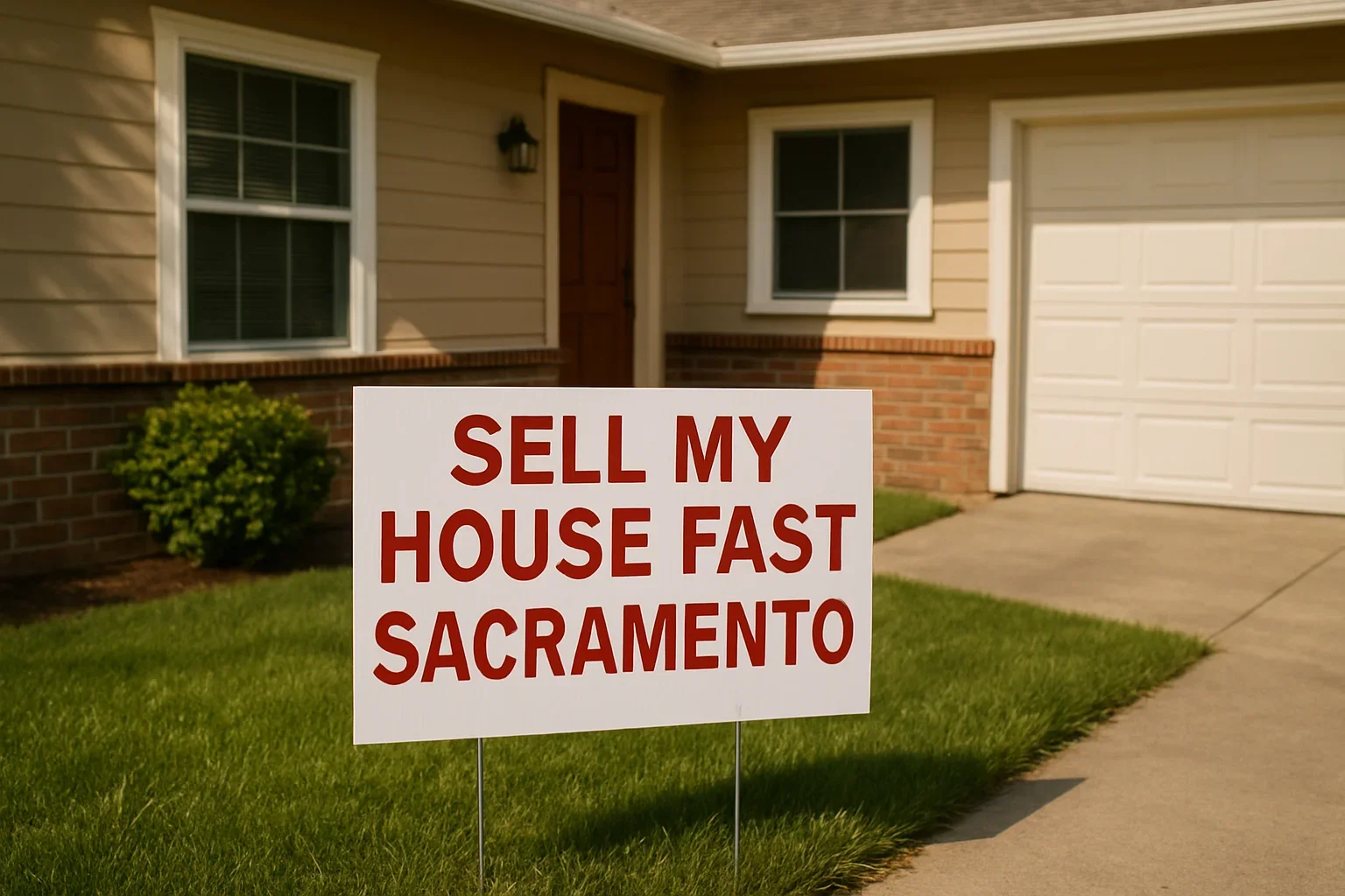 A well-maintained Sacramento neighborhood home with a for-sale sign in the front yard
