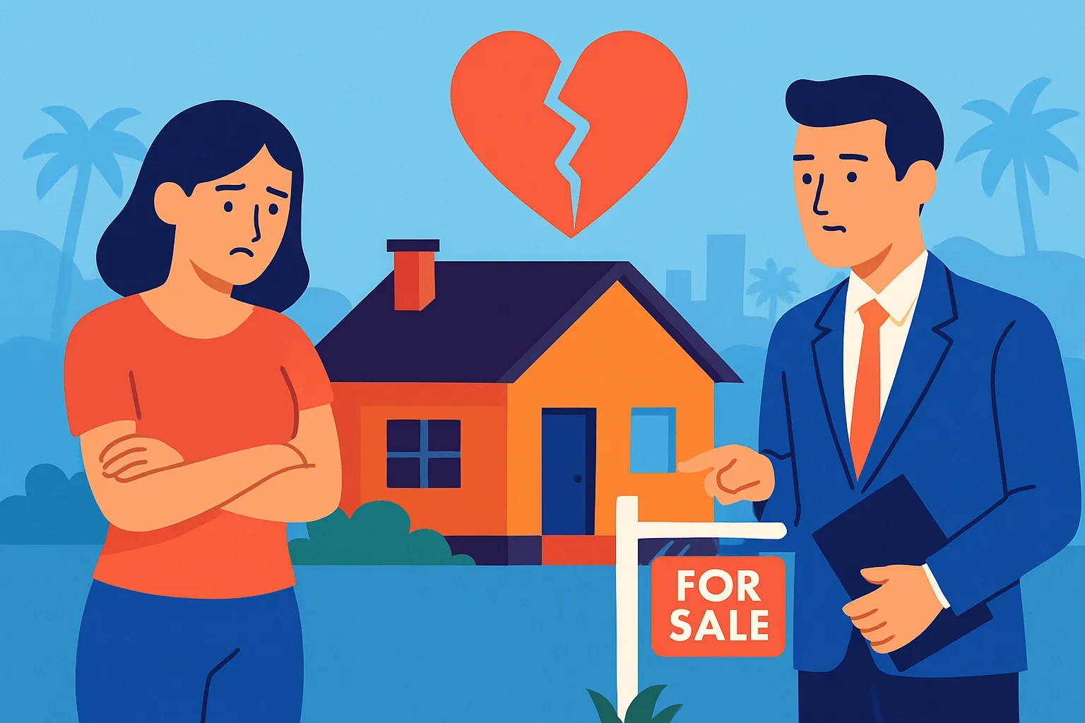 Flat design illustration of a divided house representing marital property split during divorce