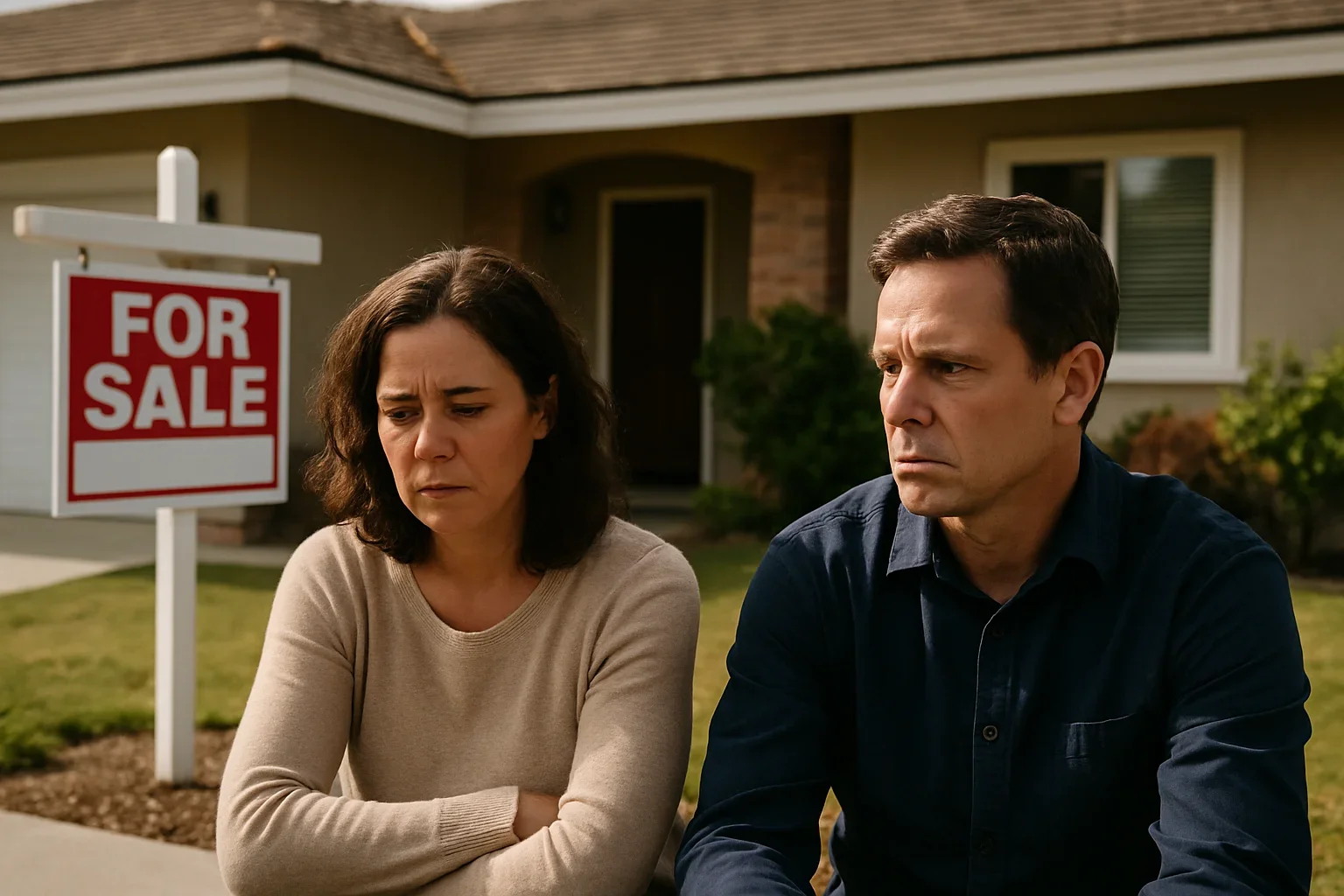 Stressed spouses reviewing property documents during a California divorce home sale process