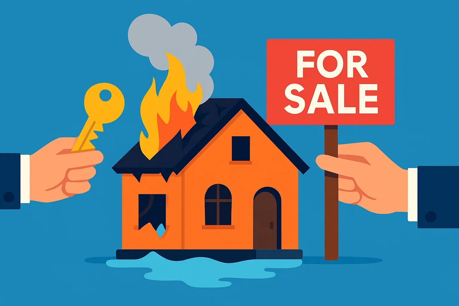 Illustrated steps to sell house with fire damage showing paperwork, inspection, and cash offer process