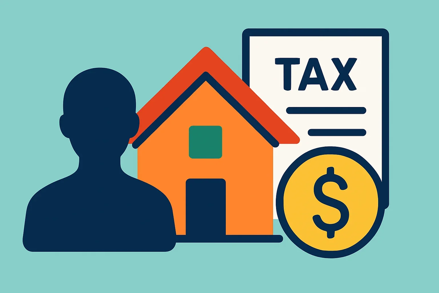 Flat design illustration showing a house transfer process with tax documents and inheritance symbols