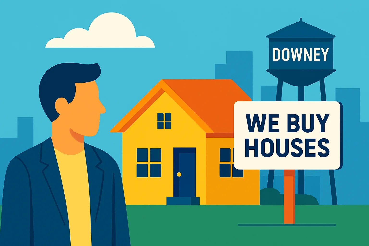 Flat illustration comparing traditional listing versus we buy houses Downey cash sale process with timelines and fees