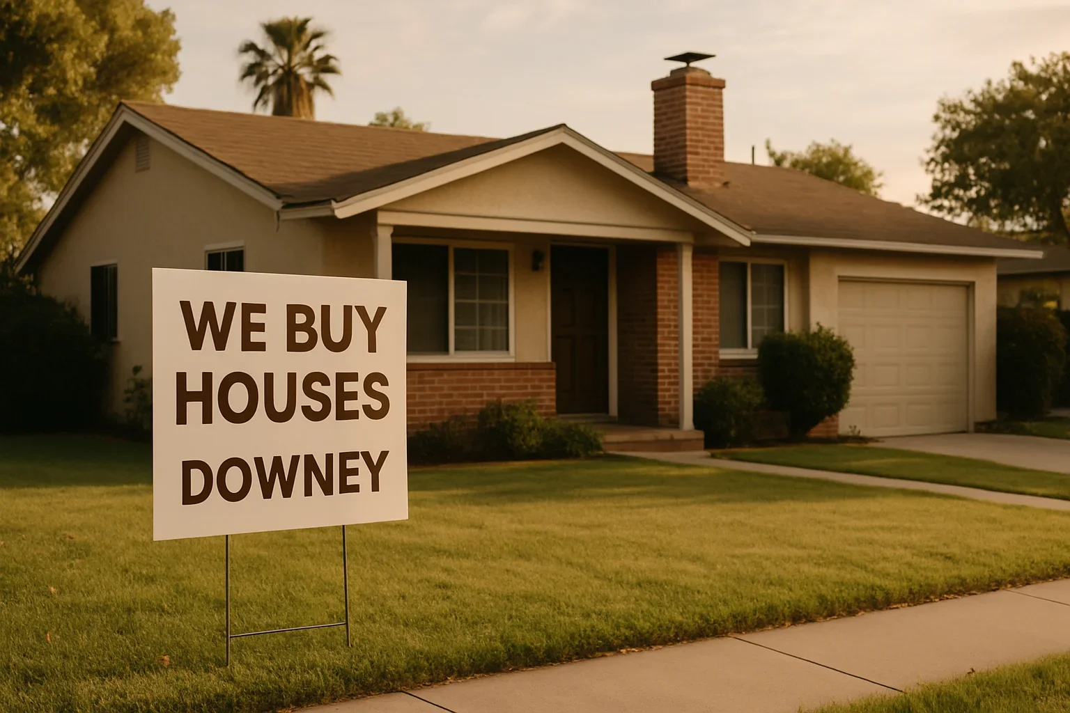 Real estate investor handing cash offer paperwork to smiling couple in front of their Downey suburban home