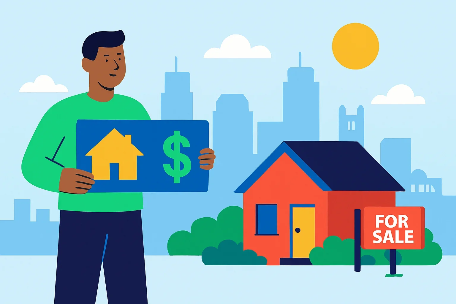 Flat design illustration of a house with a sold sign representing fast cash home sales