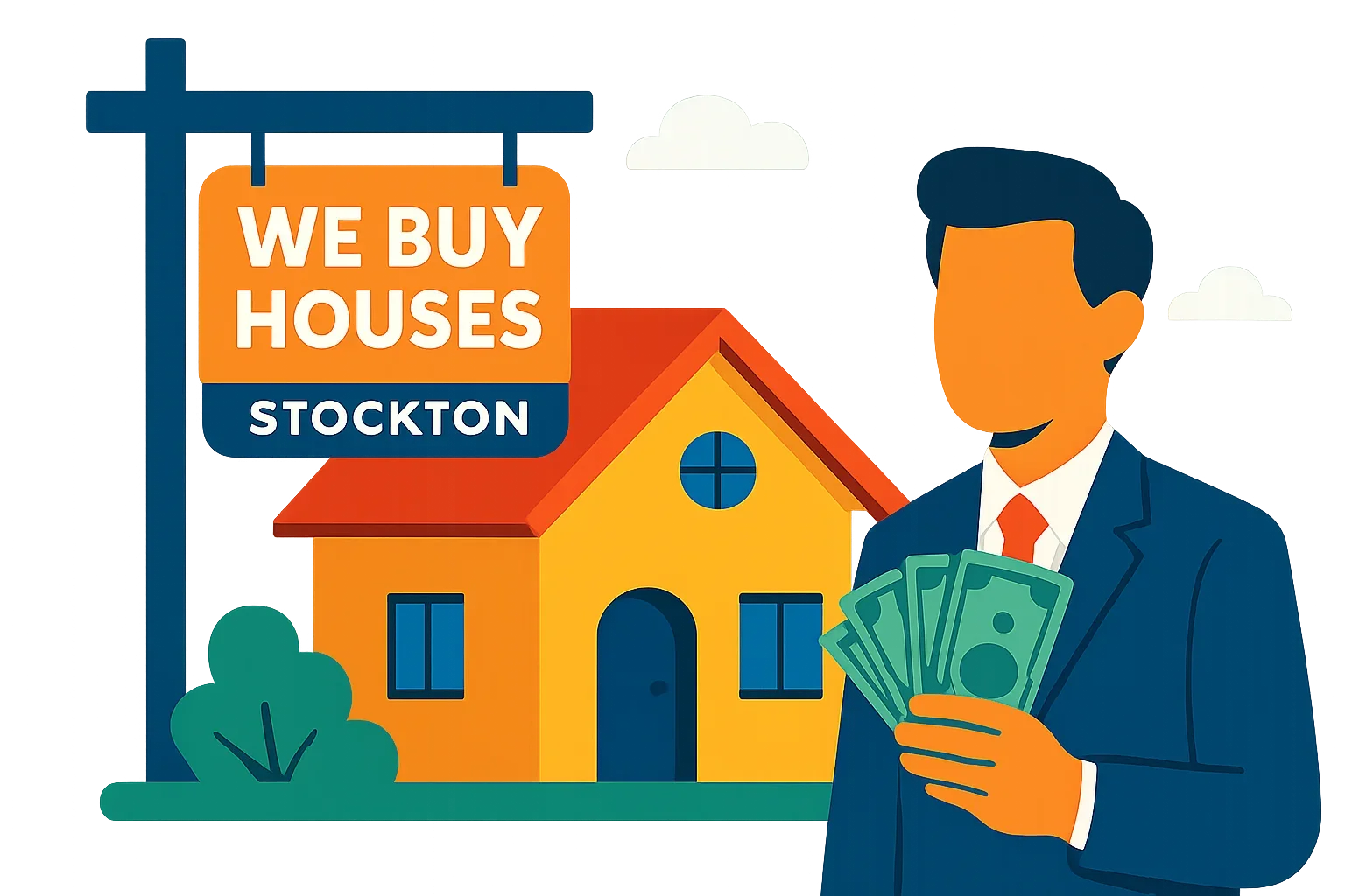 Flat design illustration showing a fast home sale process with no repairs or agent fees