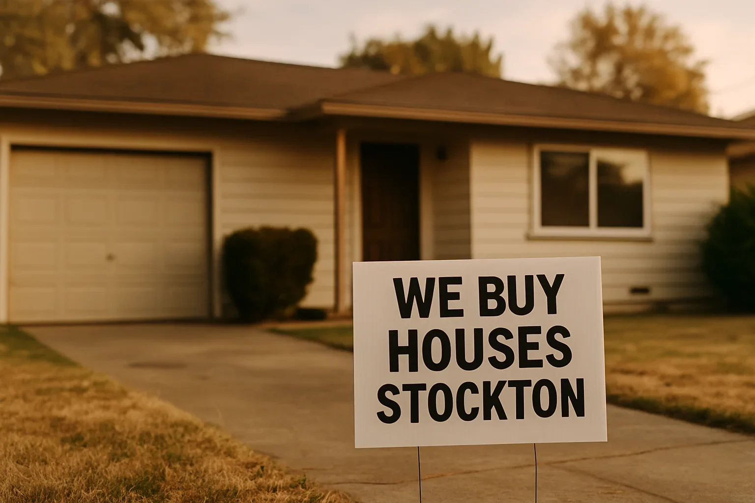 we buy houses Stockton sign outside a local property ready for a quick cash sale