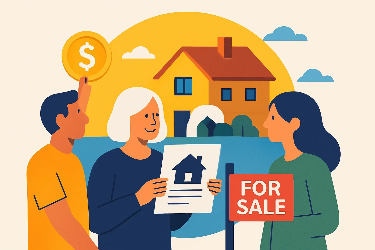 Vector illustration showing step-by-step process for selling an inherited house to cash buyers