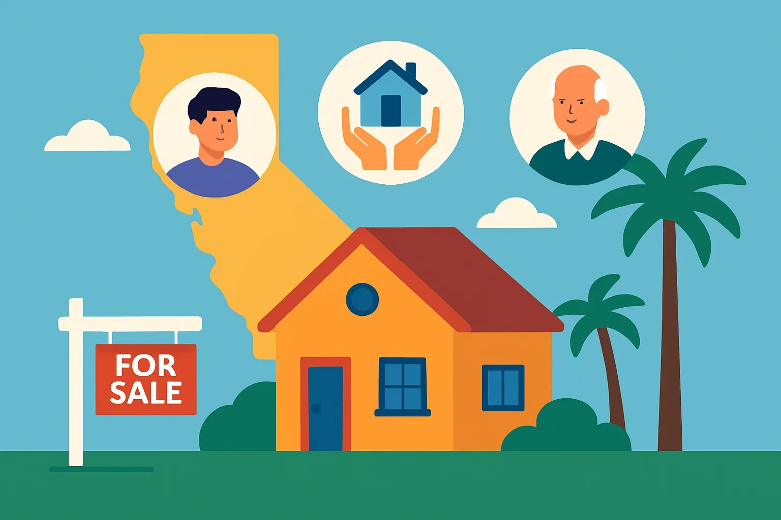 Flat design illustration showing multiple options for selling a vacant home including investors and agents