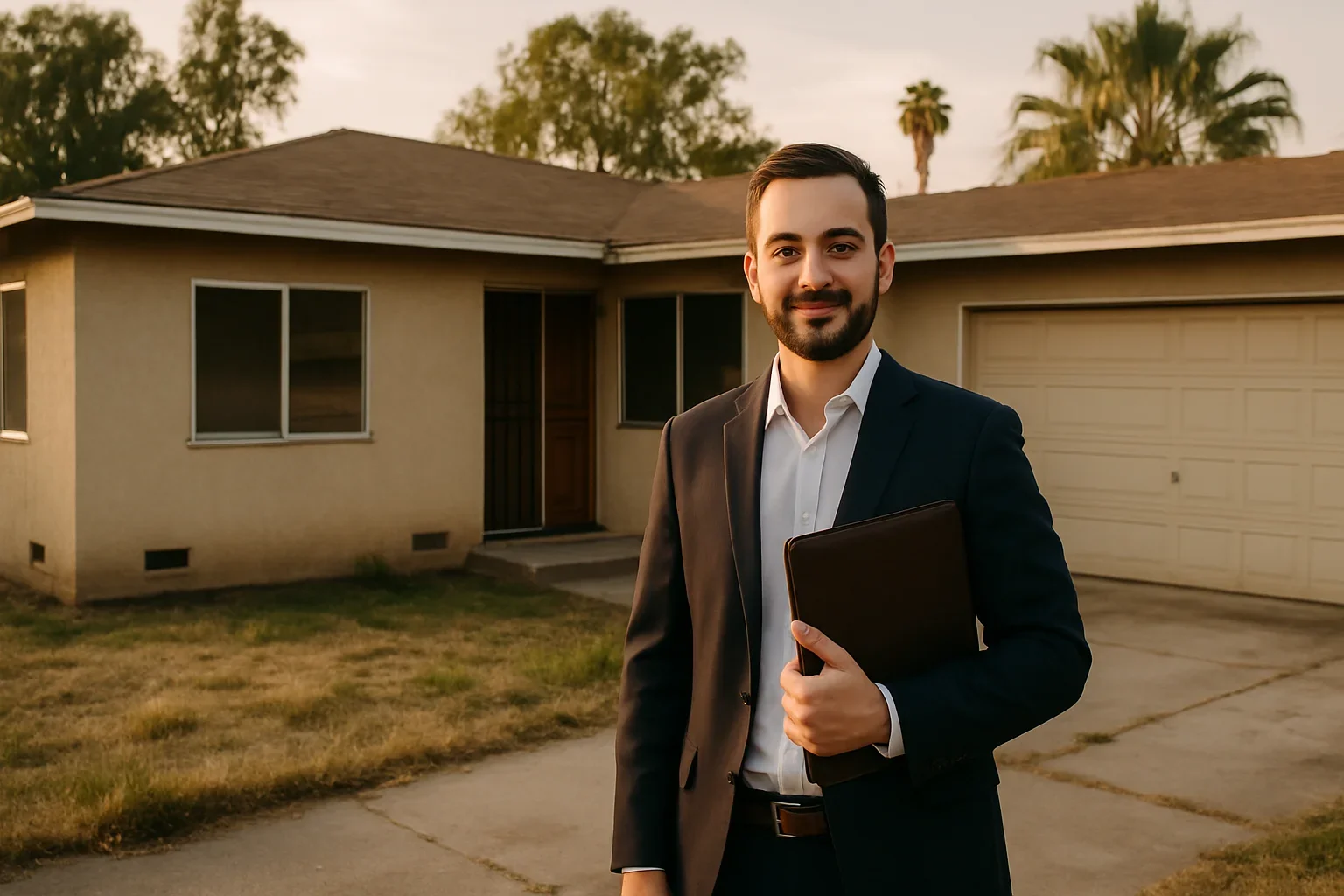 Real estate agent shaking hands with homeowner outside an empty California house during a property sale
