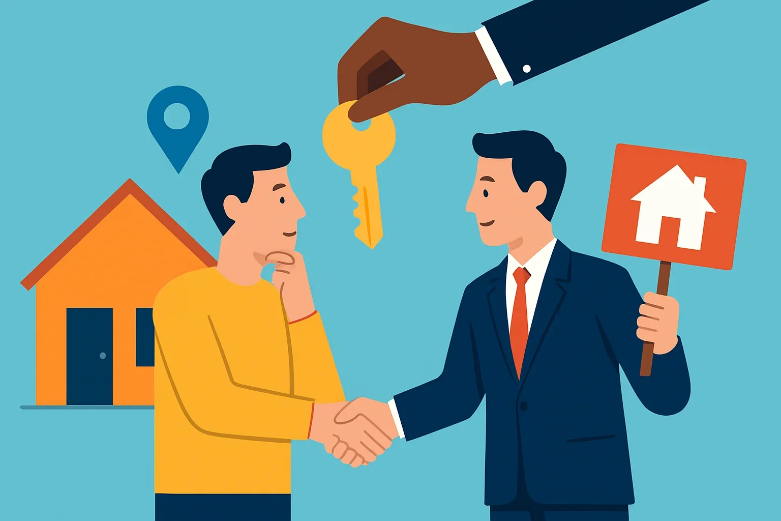 Flat-design illustration showing the step-by-step process of who buys houses from absentee owners