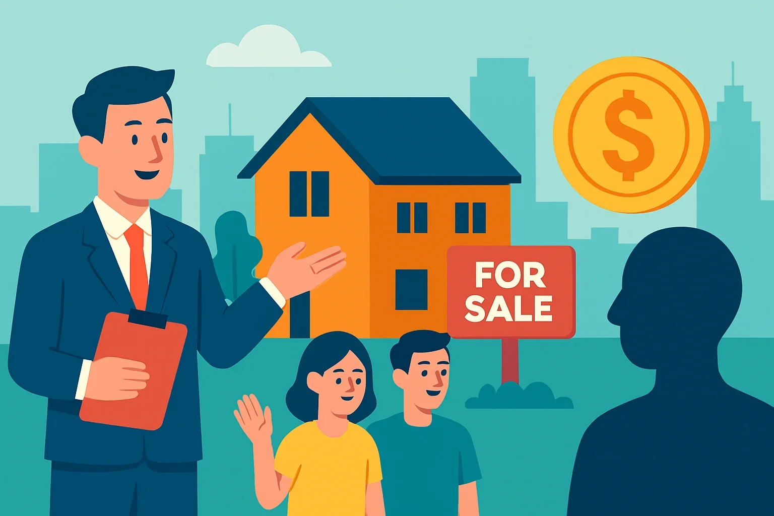 Flat design illustration showing cash home buyer acquiring a tenant-occupied rental property with keys and contracts