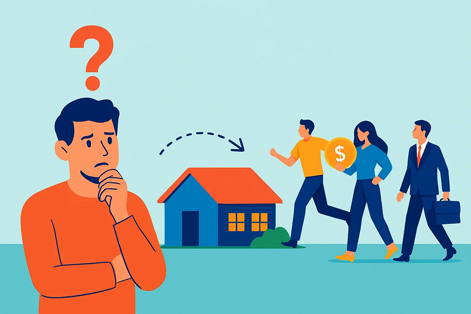 Flat design illustration showing a house with a sold sign and multiple buyer options highlighted