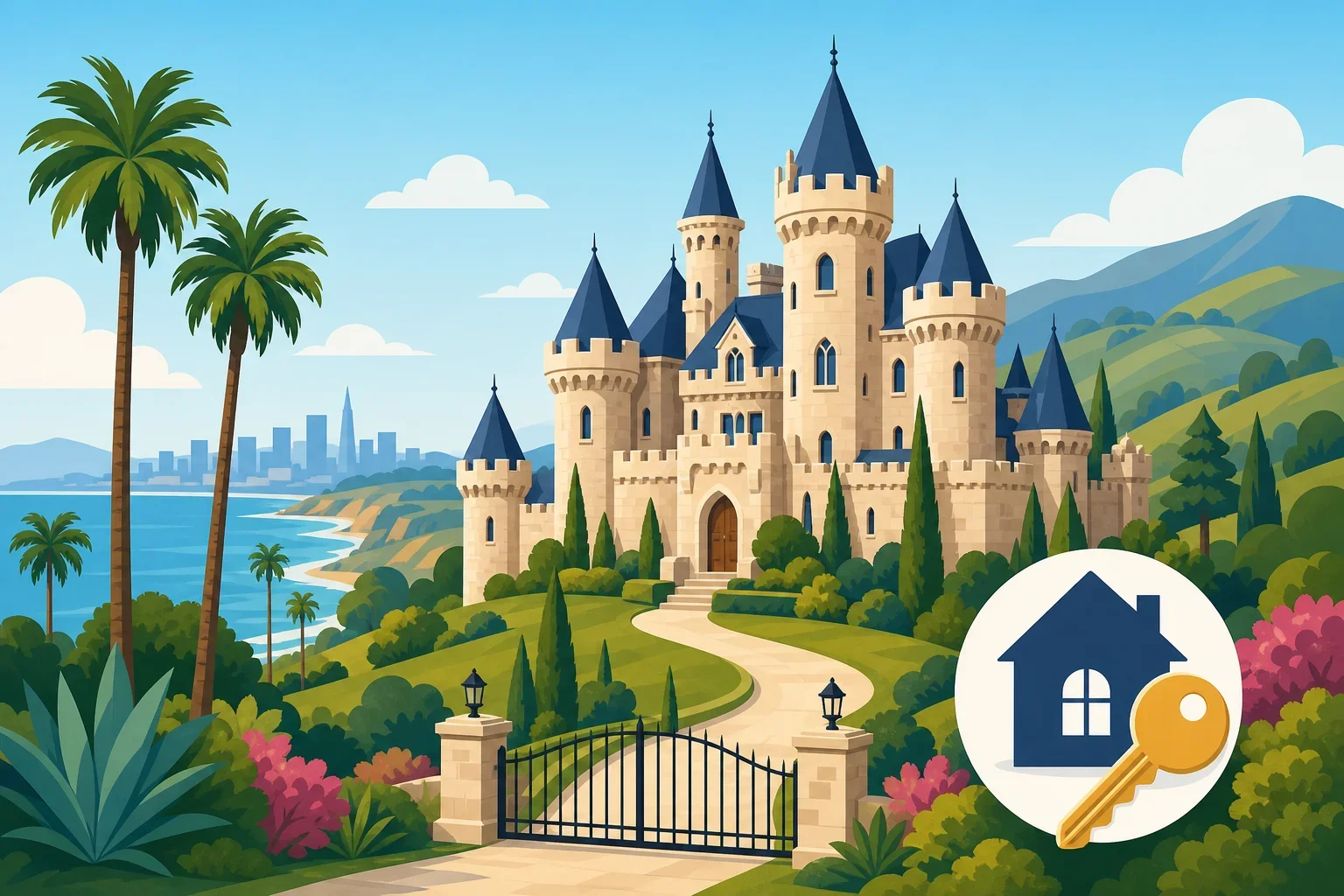 Illustrated map highlighting unique castle-inspired properties available across California real estate markets