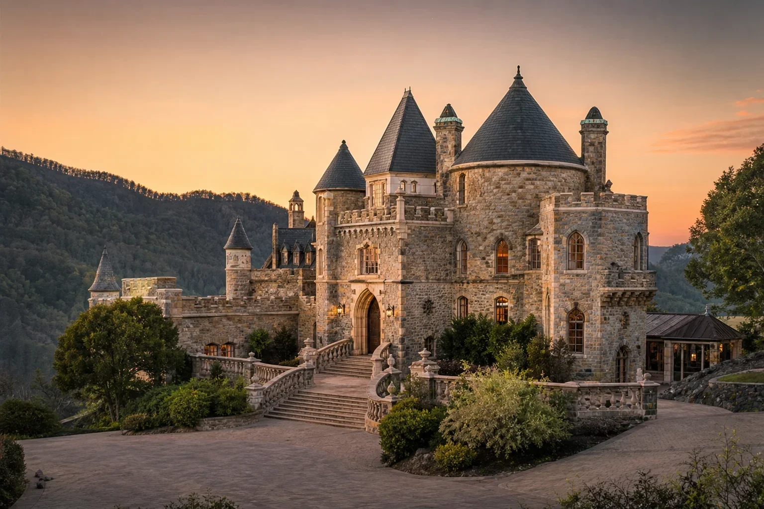 Elegant castle for sale featuring manicured gardens and a gated entrance in a suburban neighborhood