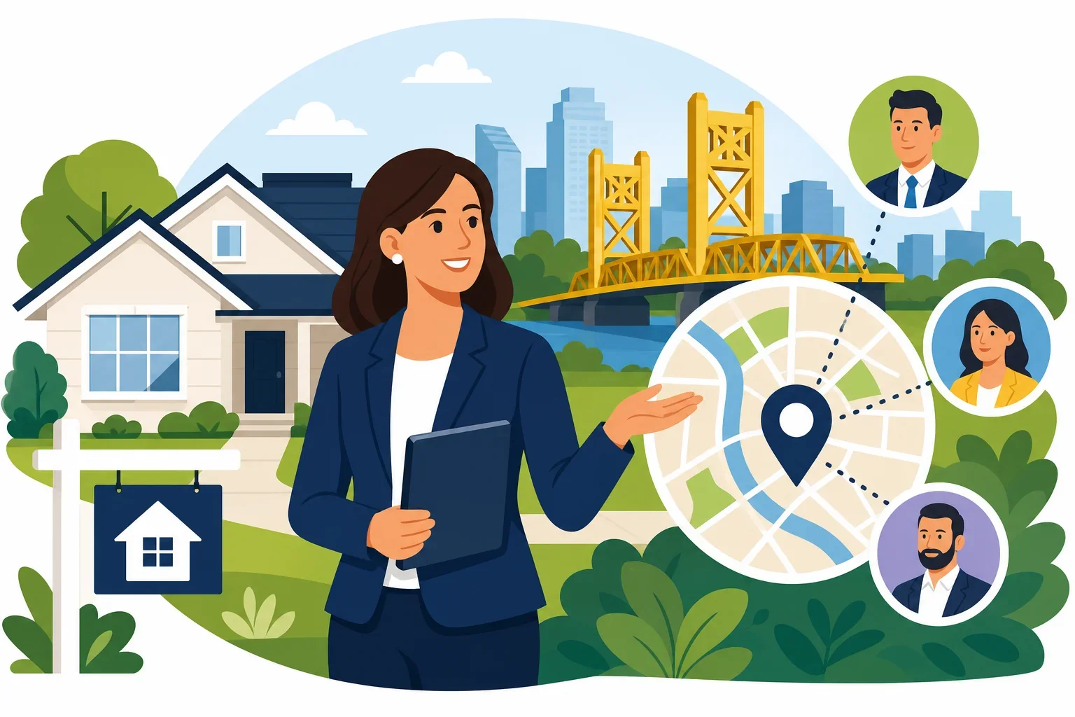 Flat design illustration showing real estate agent jobs near me search results on a laptop screen