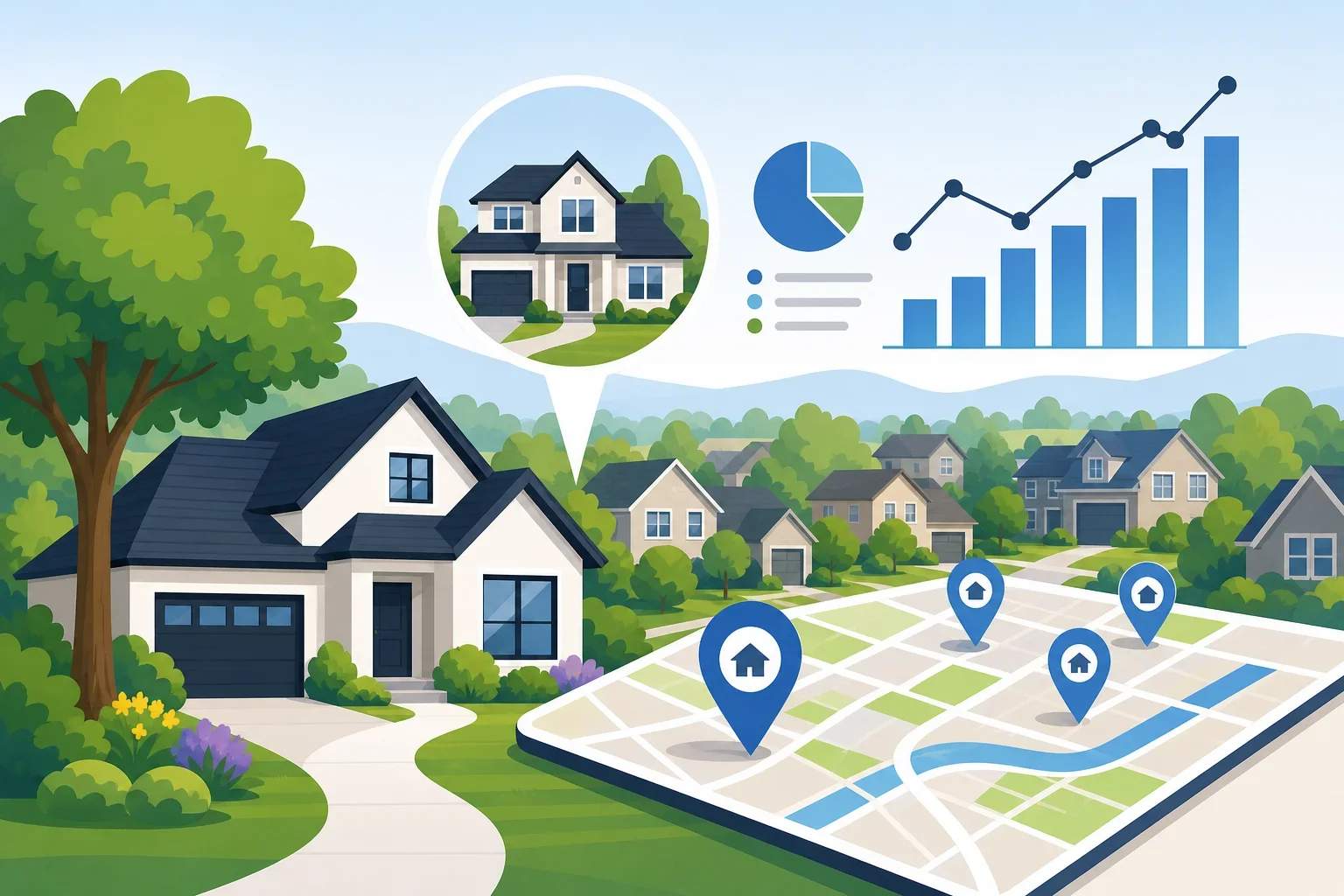 Flat-design illustration of a neighborhood map highlighting recent home sales near me with price tags