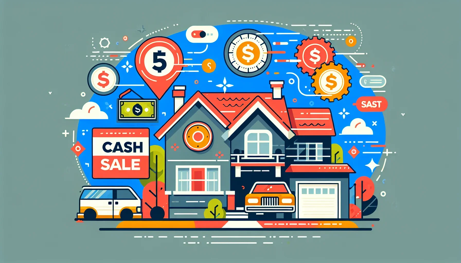 Flat design illustration comparing cash sale versus traditional listing timeline for home sellers