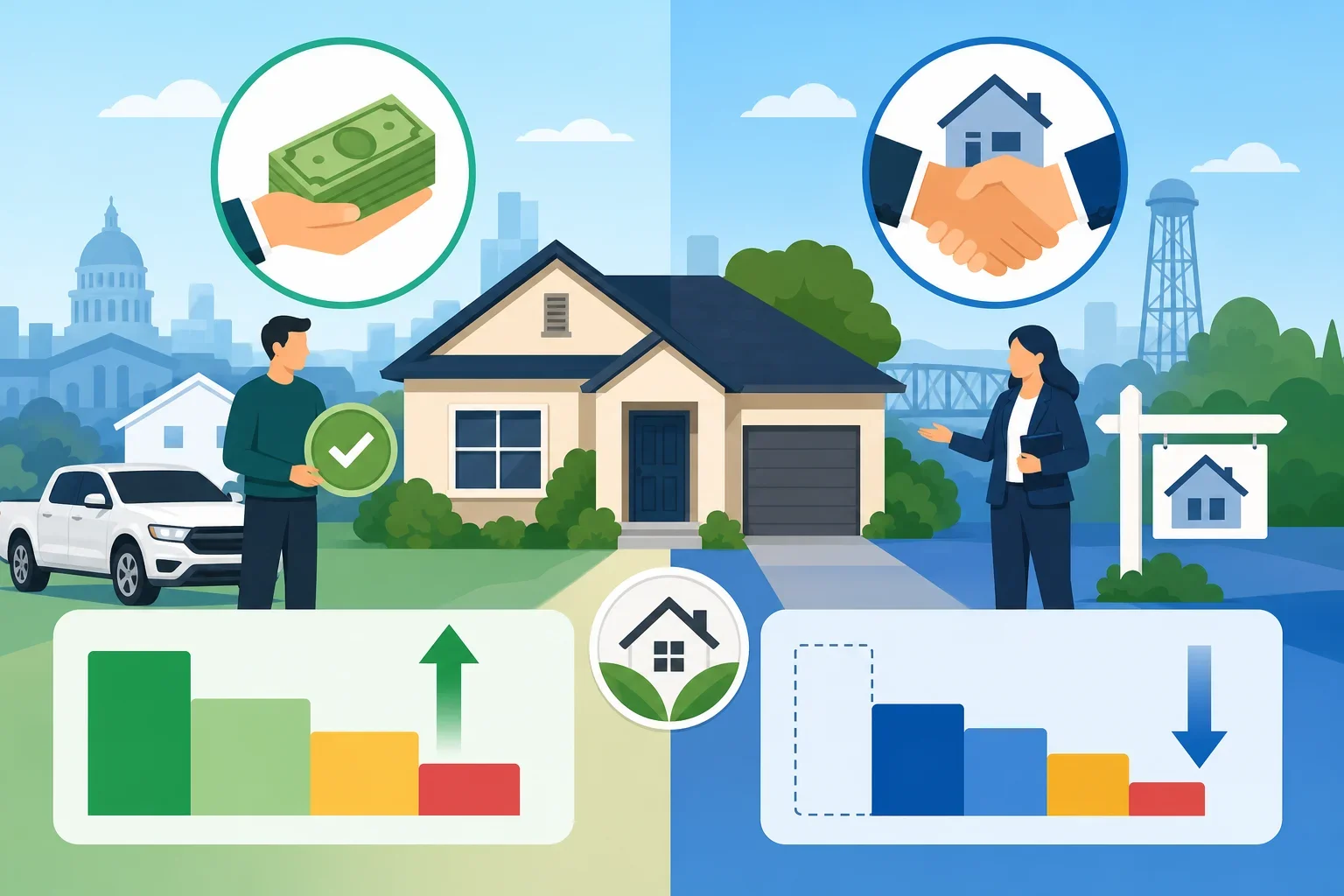 Flat design illustration comparing equity breakdown between cash buyer and traditional agent sale