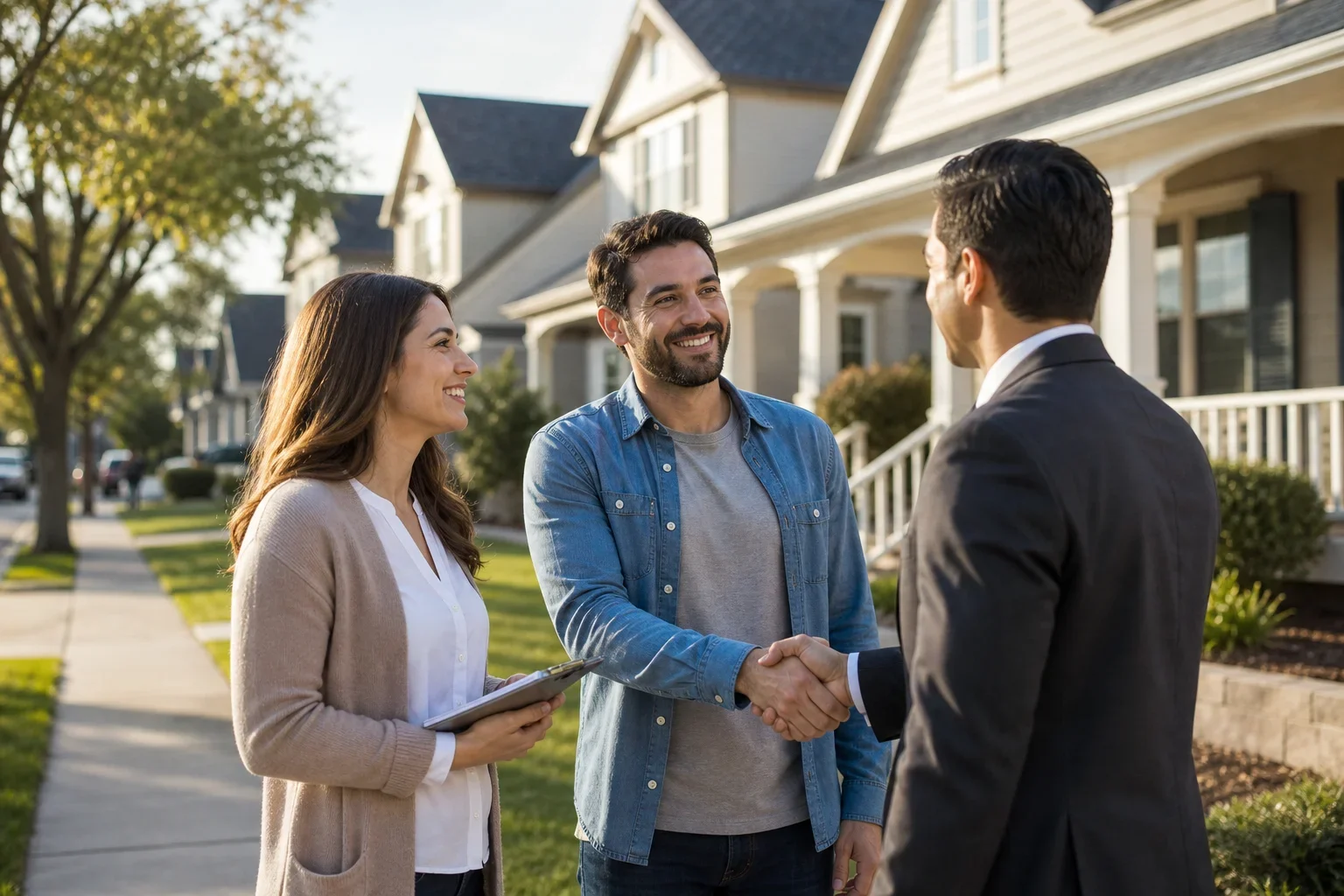 Real estate agent placing sold sign in front of suburban Modesto California home