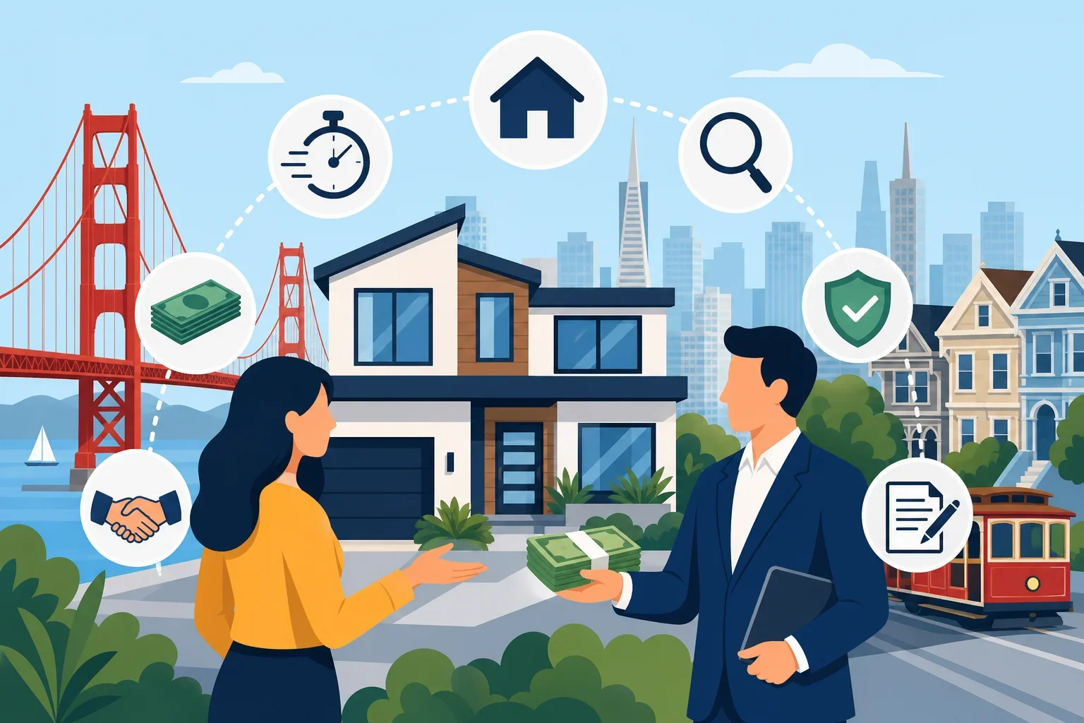 Flat-design illustration of a handshake between a homeowner and cash buyer closing a house deal